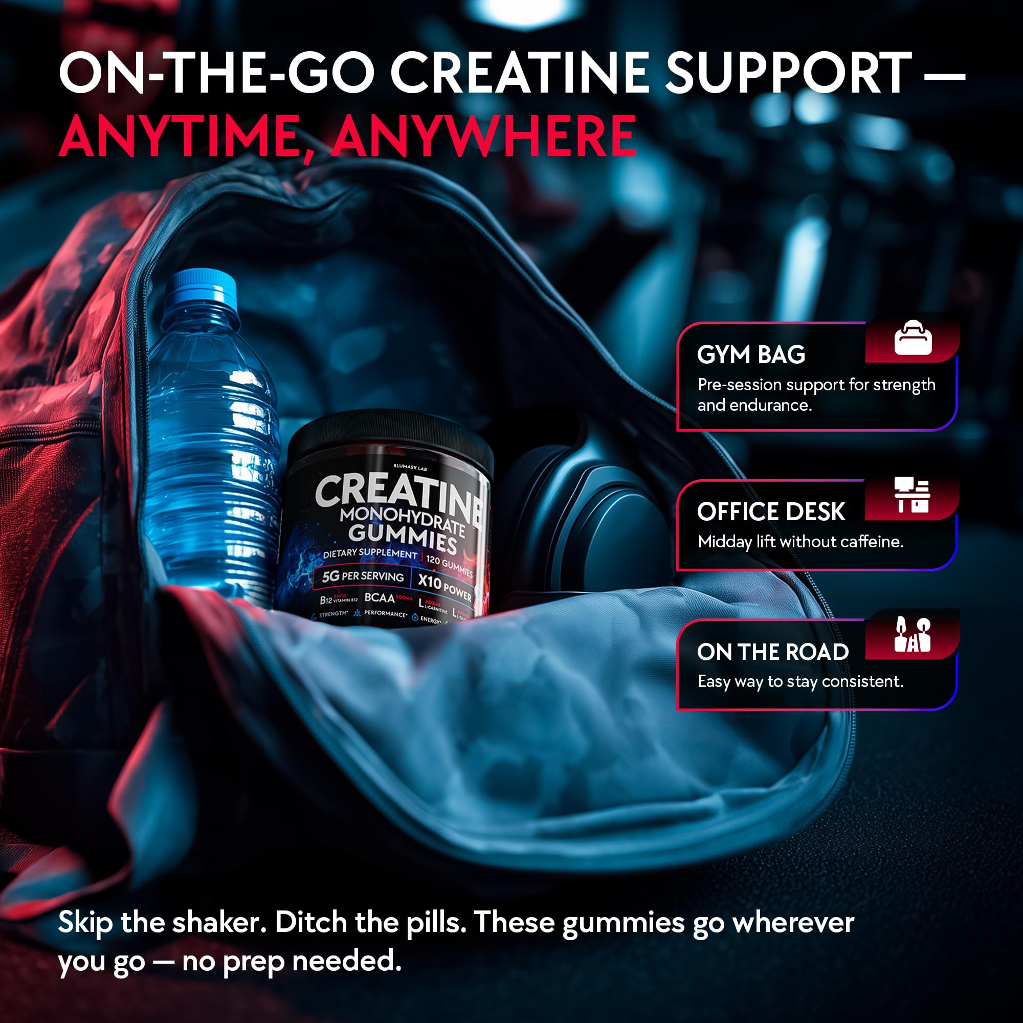 Creatine Monohydrate Gummies Complex 5000 MG for Men & Women, Preworkout Gummy with BCAA, L-Carnitine, Taurine & Vitamin B12 for Muscle Growth,