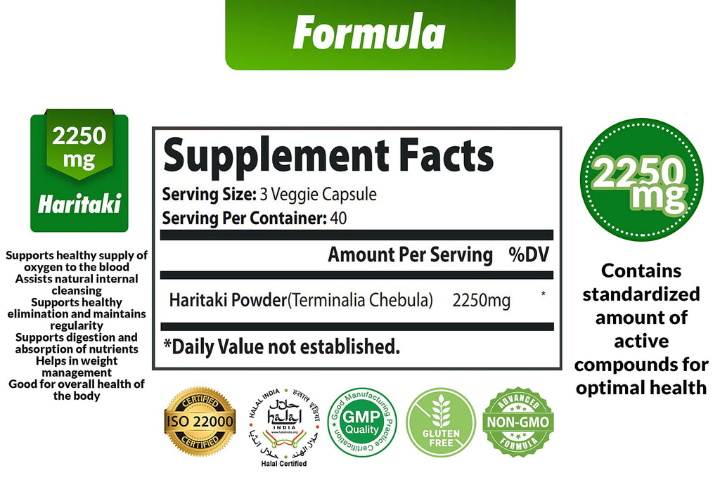 Cona Nature Organic India Haritaki Capsules 2250MG, Rejuvenation, Improving Digestion, Maintains Regularity | Non-GMO Vegan Gluten-Free Herbs and Supplements, 120 Caps