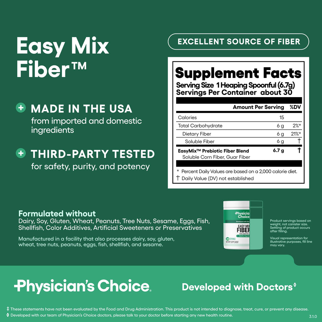 Physician's CHOICE Easy Mix Fiber for Digestive Health & Regularity - No Grit, Sugar Free, & Tasteless