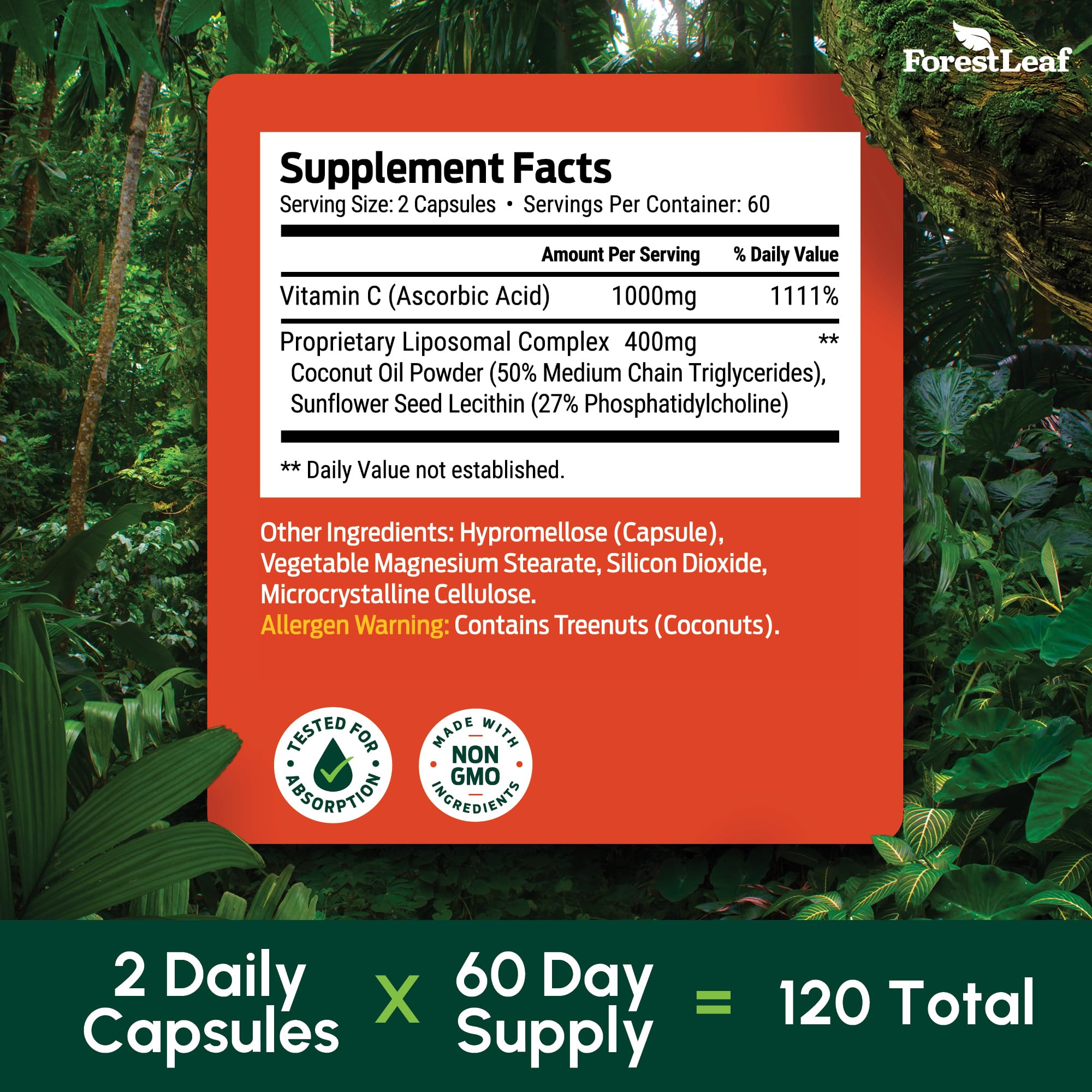 ForestLeaf Liposomal Vitamin C 1400mg Capsules | High Dose Vitamin C Liposomal Supplement w Coconut Oil Fatty Acids | Fast Absorption | Immune Support,