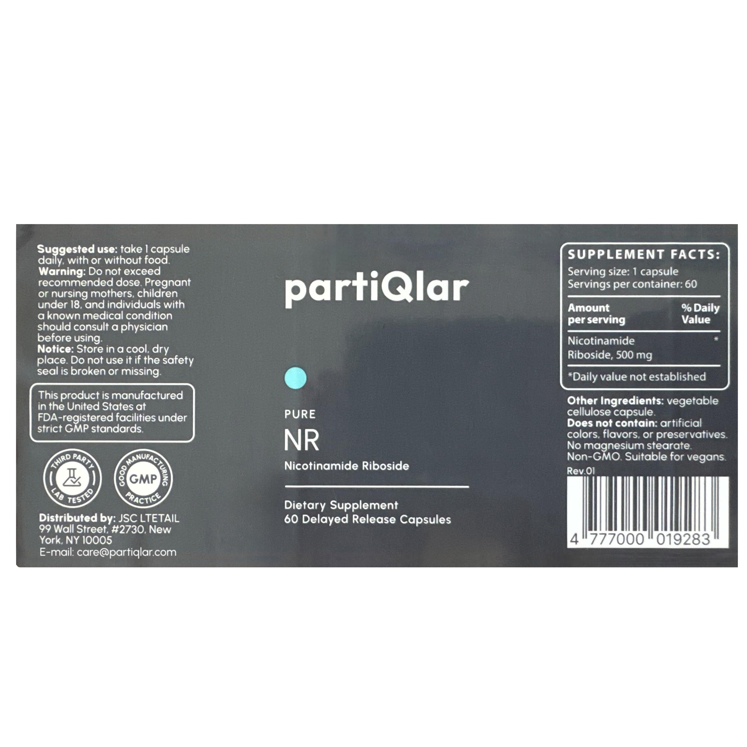 partiQlar NR Supplement - High Purity Nicotinamide Riboside Capsules - NAD+ Booster for Anti-Aging, Cellular Energy & Repair