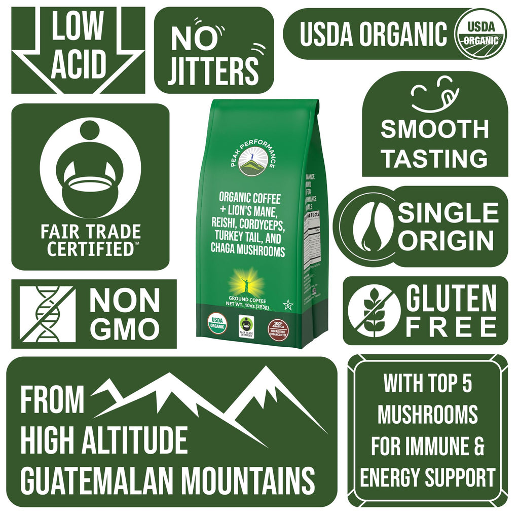 Organic Low Acid Mushroom Coffee with Lion's Mane, Reishi, Cordyceps, Turkey Tail, and Chaga Mushrooms - Great Tasting Premium High Altitude Medium Roast Ground Bags 10 oz by Peak Performance Peak Performance Au supplements