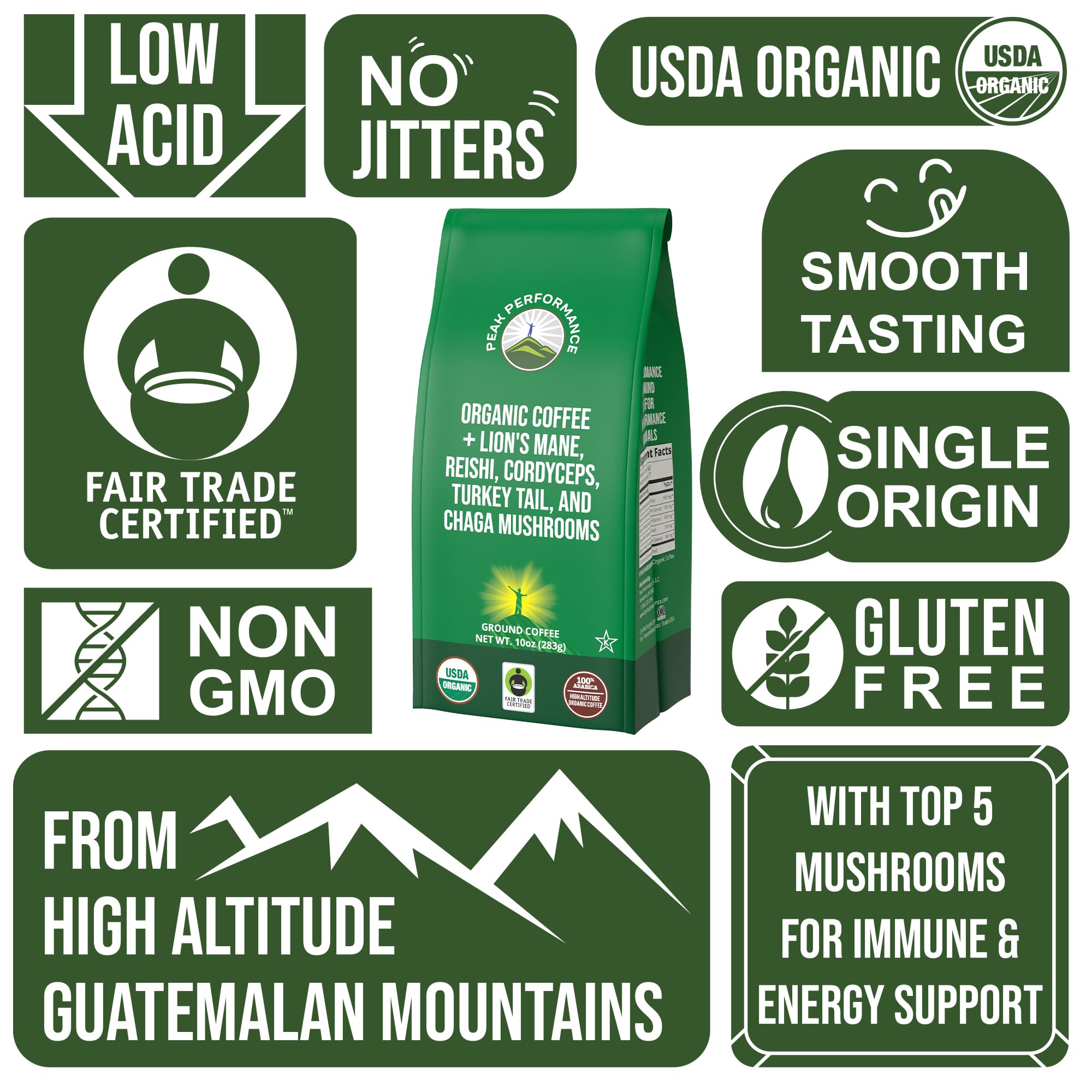 Organic Low Acid Mushroom Coffee with Lion's Mane, Reishi, Cordyceps, Turkey Tail, and Chaga Mushrooms - Great Tasting Premium High Altitude Medium Roast Ground Bags 10 oz by Peak Performance Peak Performance Au supplements