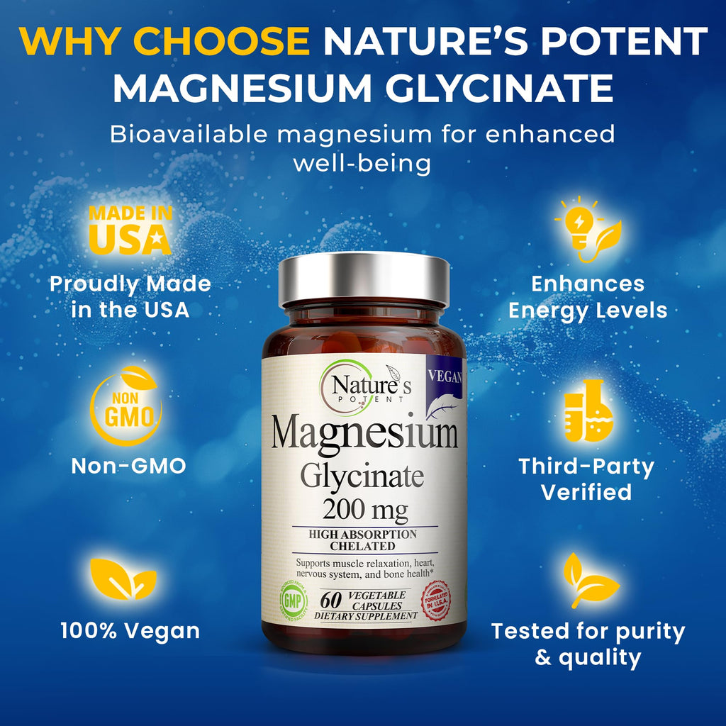Nature’s Potent Magnesium Glycinate 200mg | High Absorption Chelated Magnesium | Sleep, Calm & Muscle Cramp Support | Vegan Supplement | 60 Capsules Nature's Potent Au supplements