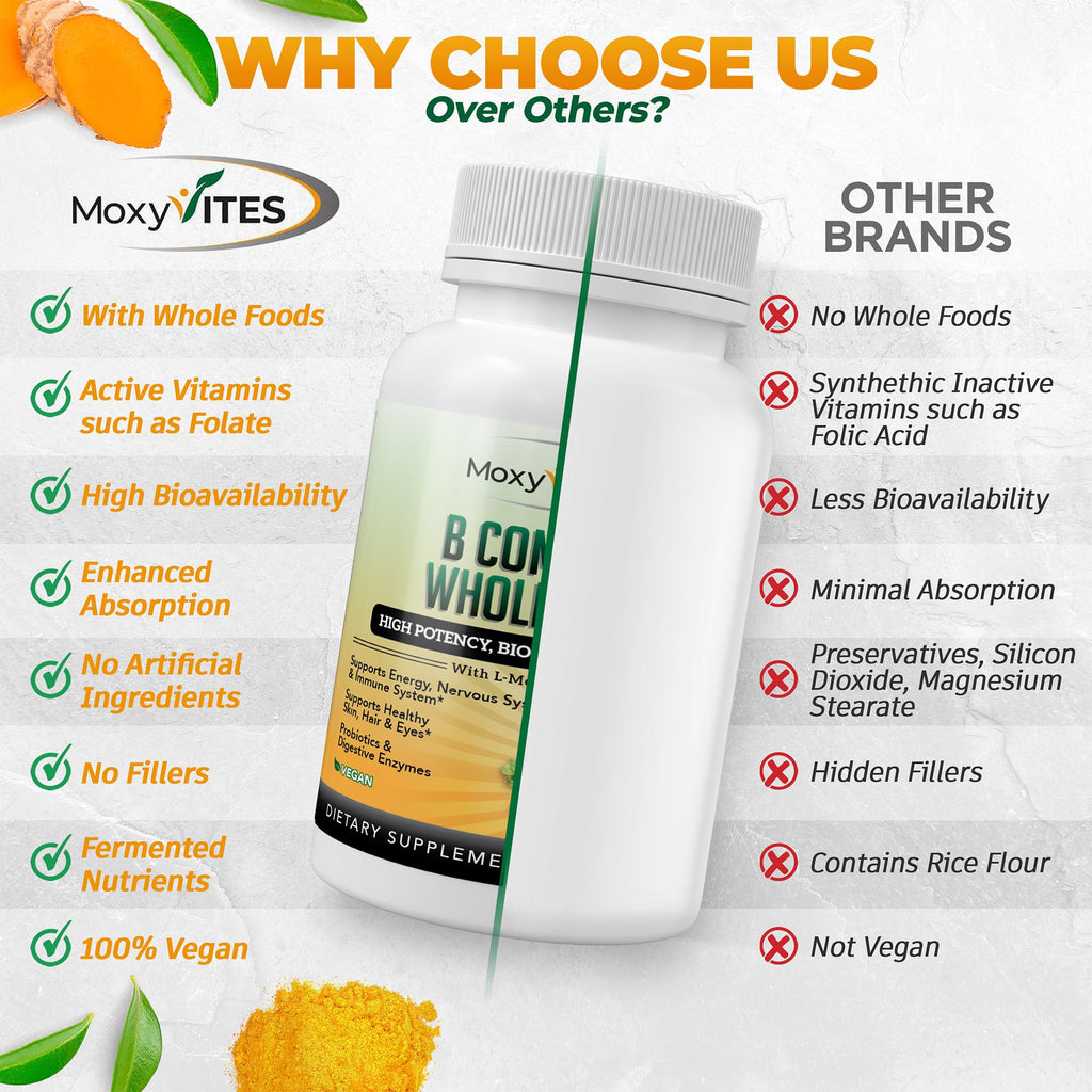 MoxyVites Vitamin B Complex - B Vitamins Whole Food Supplement, B12 Methylcobalamin, B1, B2, B3, B5, B6, B7, B9 - for Stress