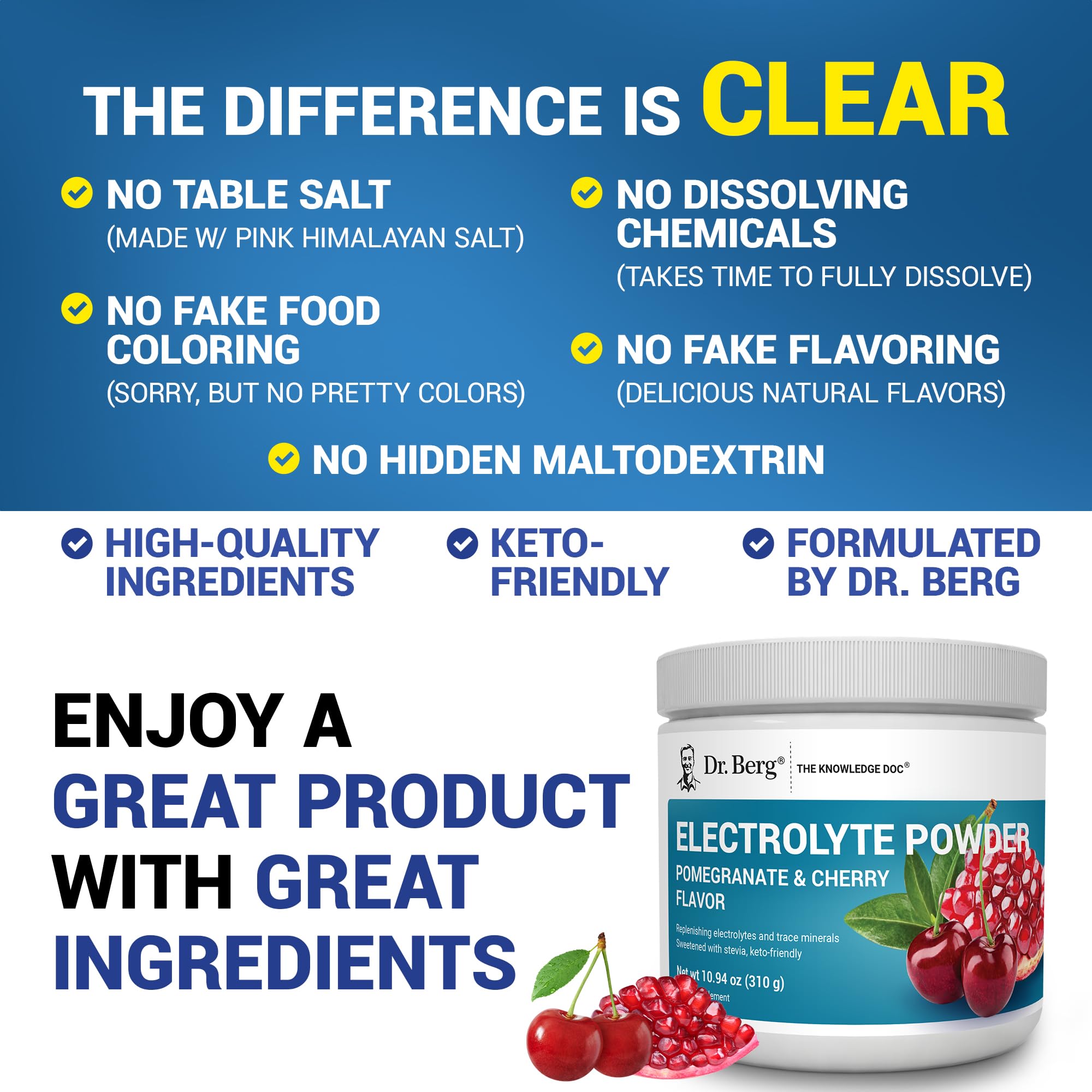 Dr. Berg Zero Sugar Hydration Keto Electrolyte Powder - Enhanced w/ 1000 mg of Potassium & Real Pink Himalayan Salt (NOT Table Salt)