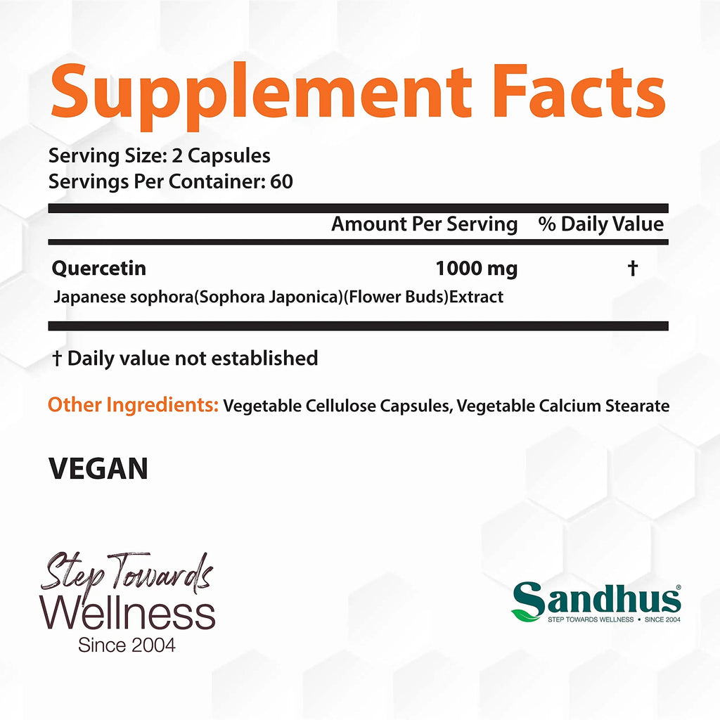 Sandhu's Quercetin 1000mg Per Serving 120 Count Vegetarian Capsules Bioflavonoids Sandhu's Au supplements