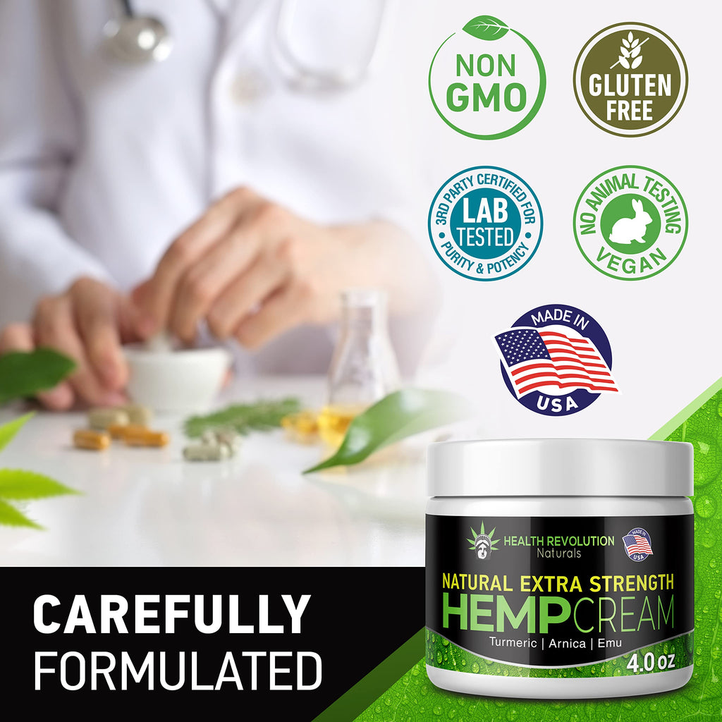 Health Revolution Hemp Arnica Cream Maximum Strength - Soothes Muscles, Joints, Feet, Nerve, Back, Knee, Hip, with Arnica, MSM, Emu, Turmeric - Expertly Formulated 4oz Health Revolution Au supplements