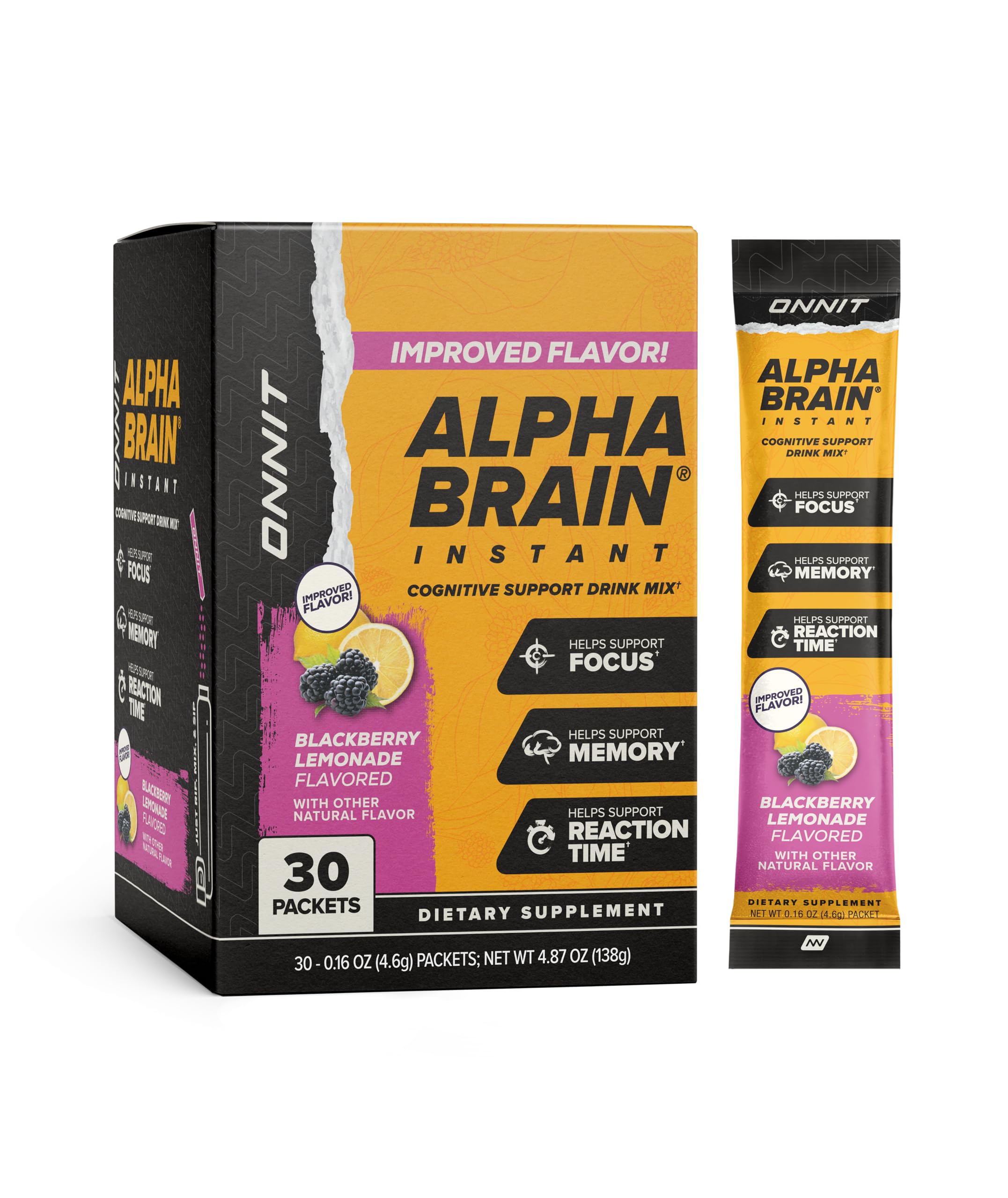 ONNIT Alpha Brain Instant Cognitive Support Drink Mix, BlackBerry Lemonade Flavor, Nootropic Supplement for Focus, Memory, and Clarity, 0.13 oz Packets, 30 Count ONNIT Au supplements