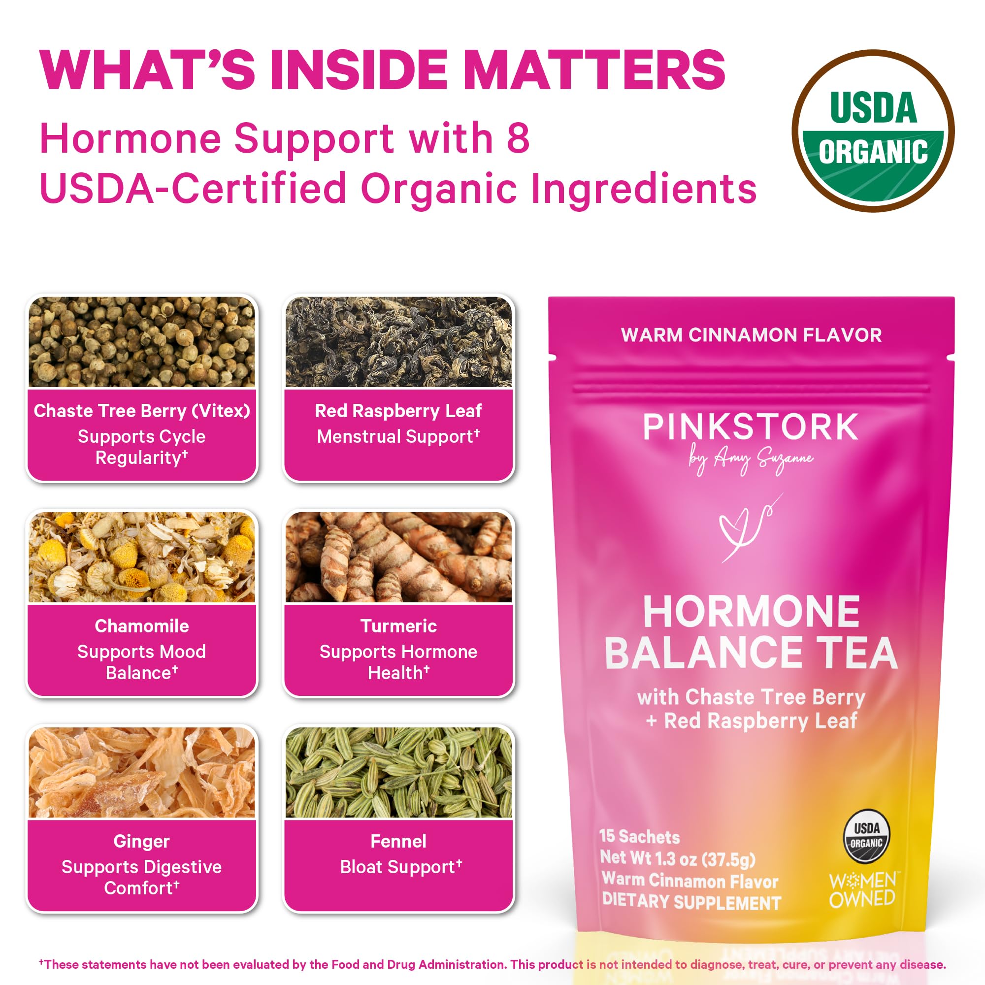 Pink Stork Hormone Balance Tea for Women – Red Raspberry Leaf & Chasteberry (Vitex) – Organic Herbal Tea for PMS, Menstrual Cycle & Perimenopause Support – Caffeine-Free Cinnamon Blend – 30 Cups Pink Stork Au supplements