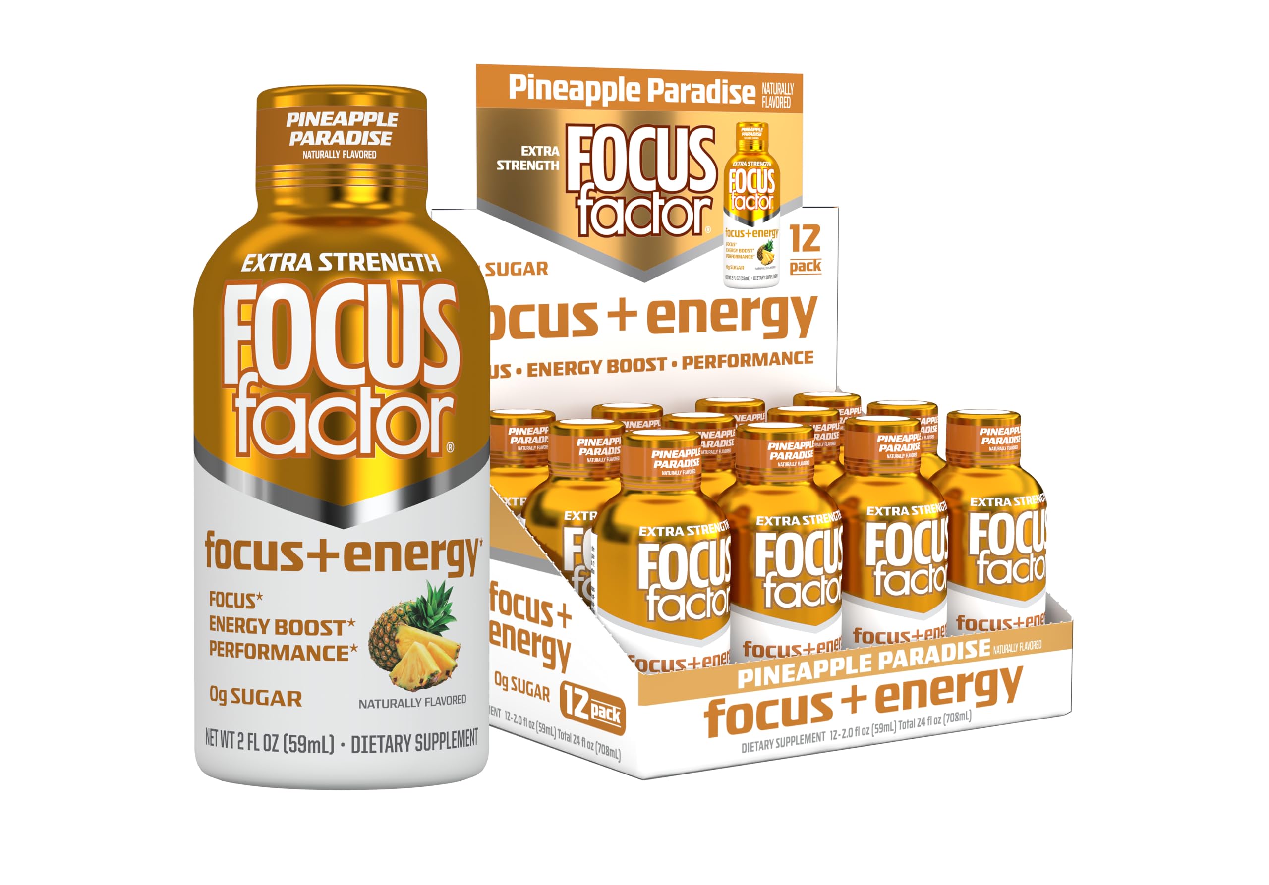 Focus Factor Extra Strength Focus + Energy Shots - 12 x 2oz Bottles (Pineapple Paradise Flavor) - Powered by Nootropics with Caffeine, L-Theanine, Ginkgo, Bacopa, L-Tyrosine, Alpha GPC Focus Factor Au supplements