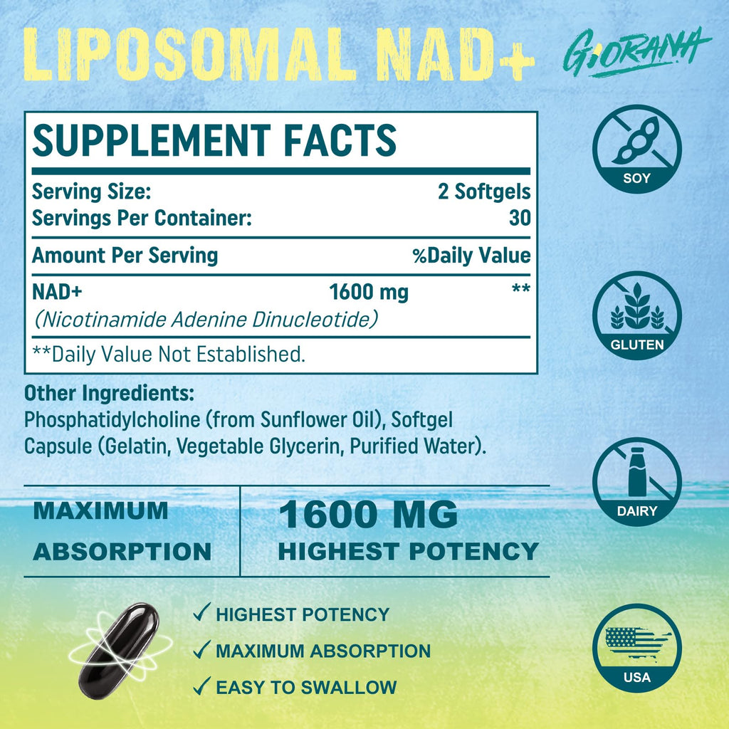 GIORANA 1600 MG Liposomal NAD+ Supplement, NAD+ Boosting Supplement, Superior Absorption, Vitamin B3 for Aging Defense, Longevity, Energy, Repair, Non-GMO, 60 Softgels GIORANA Au supplements