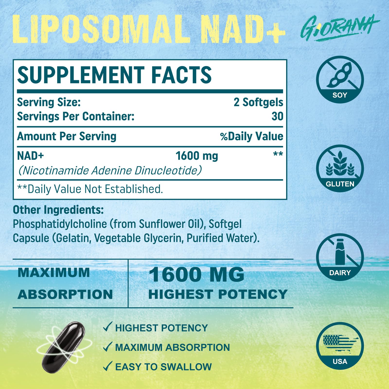 GIORANA 1600 MG Liposomal NAD+ Supplement, NAD+ Boosting Supplement, Superior Absorption, Vitamin B3 for Aging Defense, Longevity, Energy, Repair, Non-GMO, 60 Softgels GIORANA Au supplements