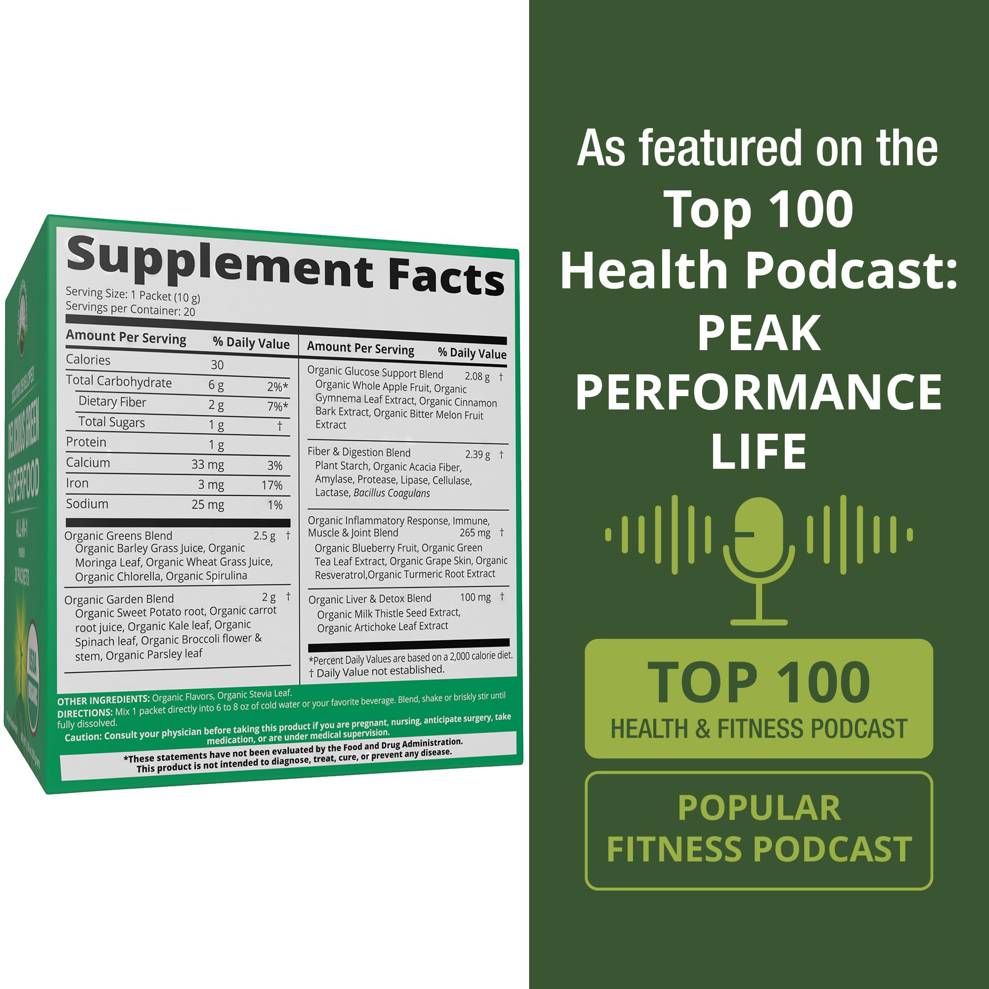 Peak Performance Organic Greens Superfood Powder Single Serve Travel Packets. Best Tasting Organic Green Juice Super Food with 25+ All Natural Ingredients for Max Energy. (20 Pack) Peak Performance Au supplements