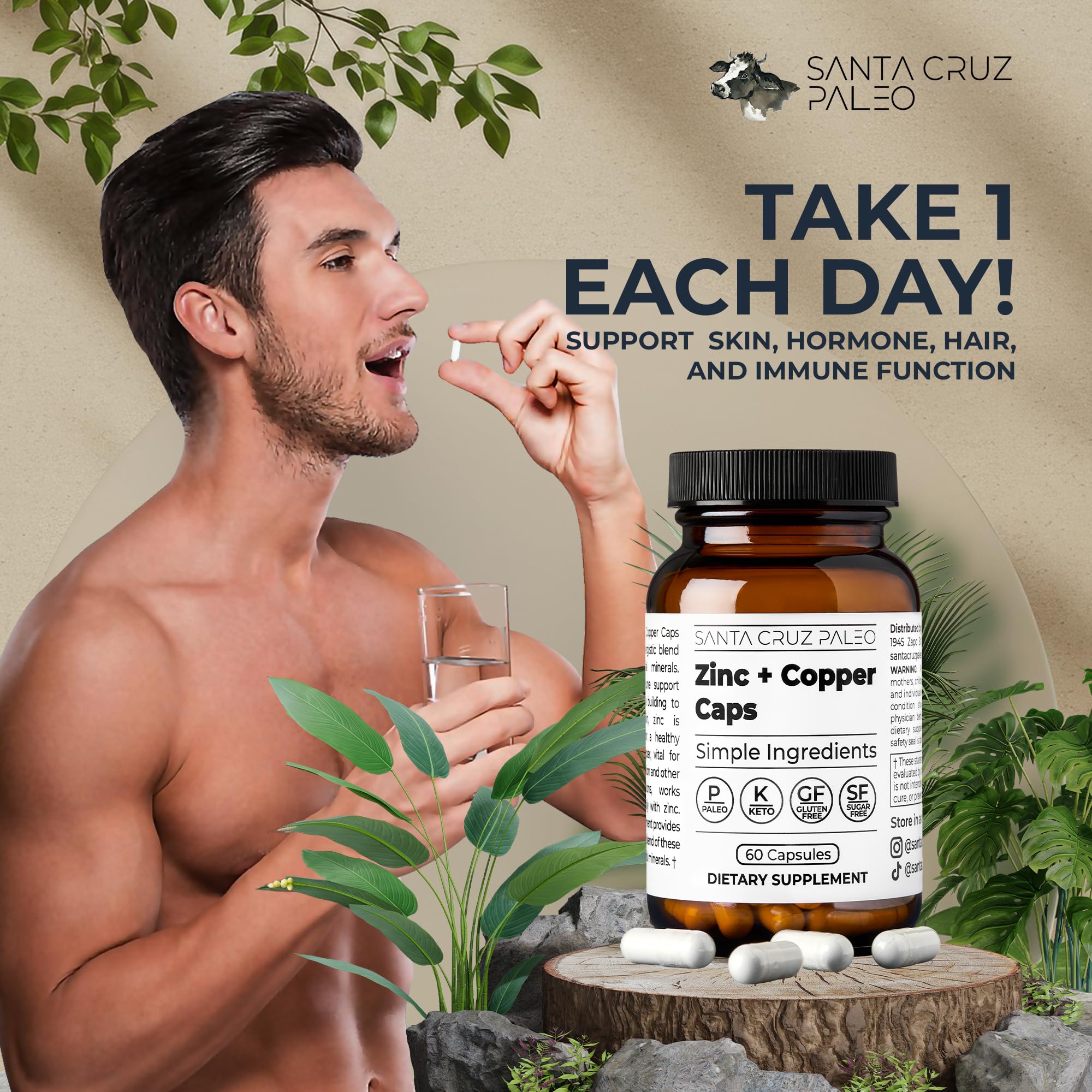 Santa Cruz Paleo, Zinc & Copper Mineral Supplement, High Absorption Formula, Zinc Supplement for Skin & Hair, L Methionine, Copper Gluconate, Trace Minerals