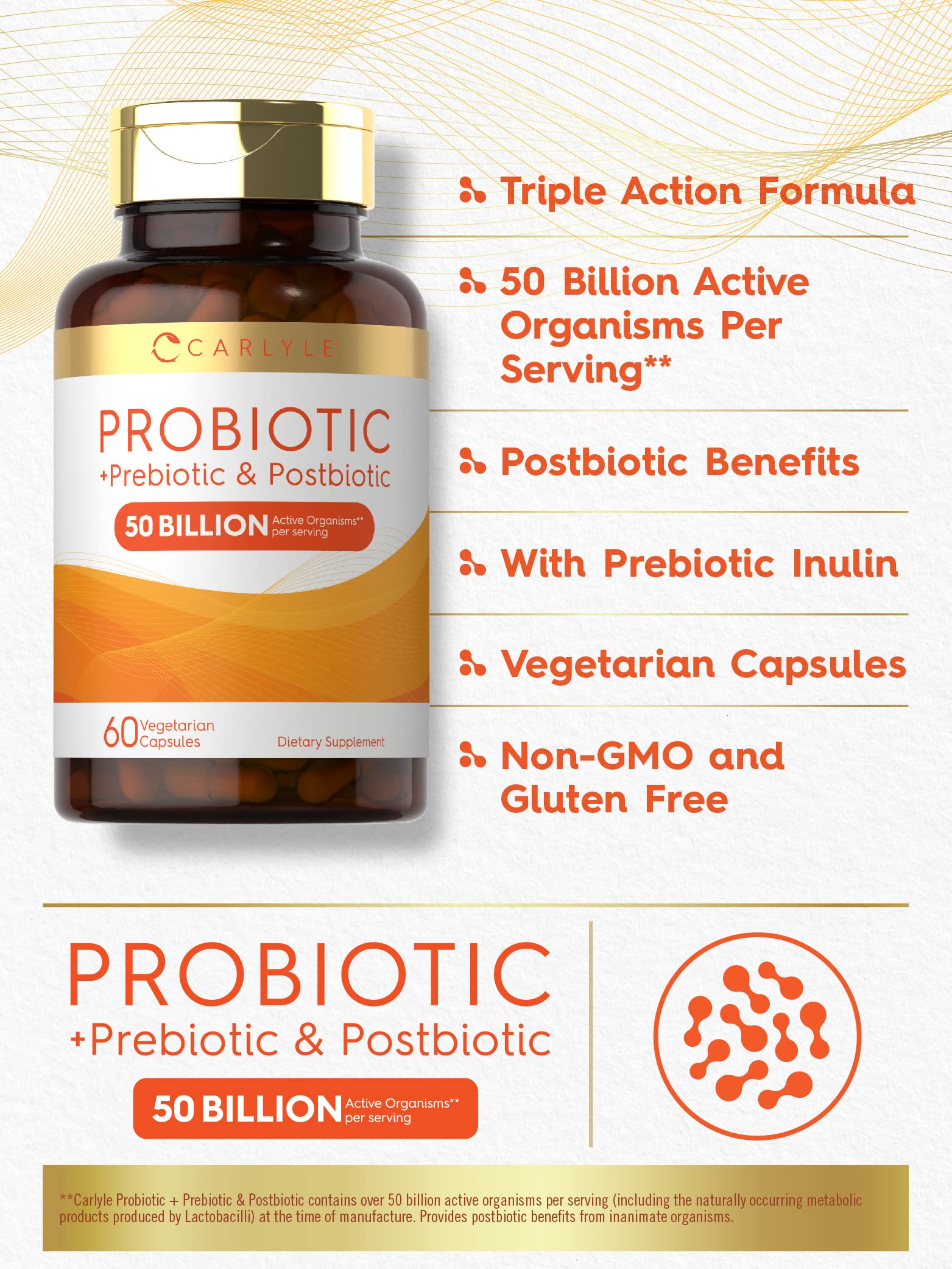 Carlyle Probiotic for Women and Men | 50 Billion CFU | 60 Capsules | Plus Prebiotic and Postbiotic | Complex Supplement | Vegetarian, Non-GMO, and Gluten Free