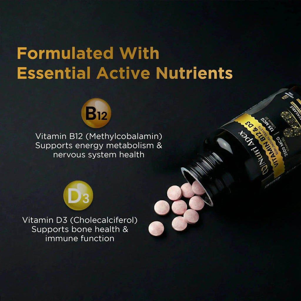 Nutri Apex Vitamin B12 & D3 Sublingual Tablets - 2500 mcg B12 & 125 mcg (5000 IU) D3 - Highly Bioavailable for Energy, Mood & Bone Health - Lab-Tested Nutri Apex Au supplements