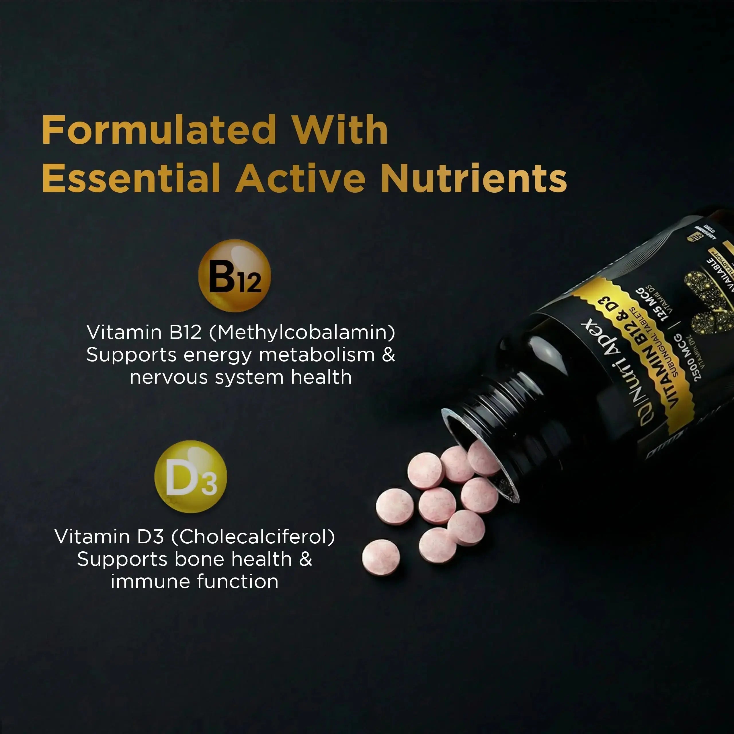 Nutri Apex Vitamin B12 & D3 Sublingual Tablets - 2500 mcg B12 & 125 mcg (5000 IU) D3 - Highly Bioavailable for Energy, Mood & Bone Health - Lab-Tested Nutri Apex Au supplements