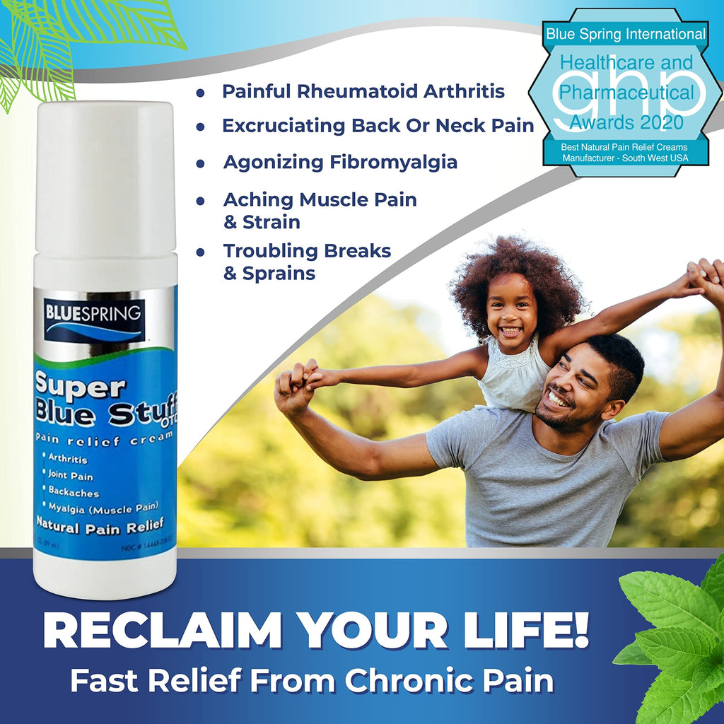 Super Blue Stuff Natural Pain Relief roll on with Emu Oil by BlueSpring- Pain relief rub Anti Inflammatory Analgesic Cream for Back, Knee, Joint, Muscle, Arthritis, and neck Pain Relief- 3 Oz roll-on. Emu Therapy Au supplements