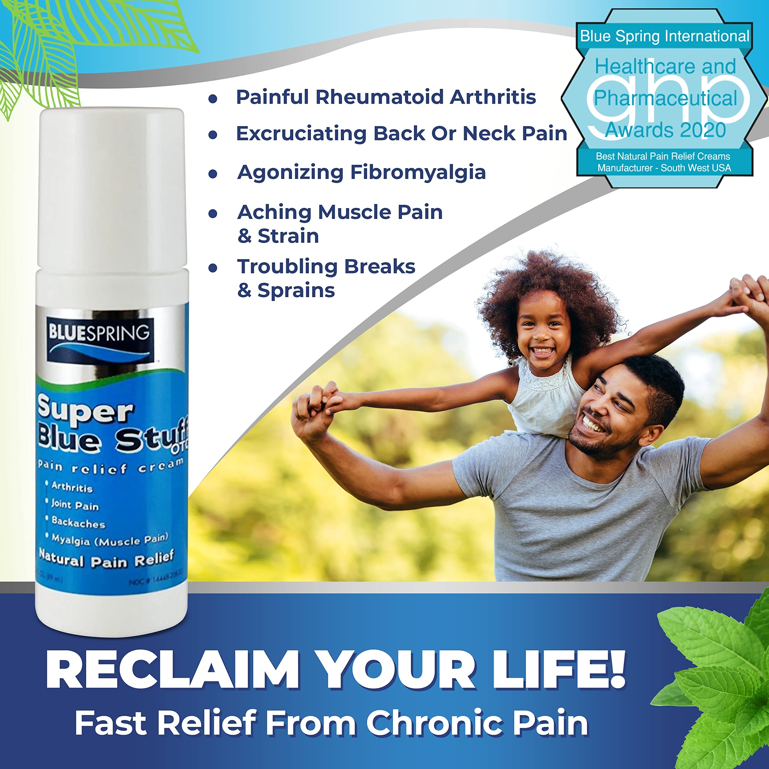 Super Blue Stuff Natural Pain Relief roll on with Emu Oil by BlueSpring- Pain relief rub Anti Inflammatory Analgesic Cream for Back, Knee, Joint, Muscle, Arthritis, and neck Pain Relief- 3 Oz roll-on. Emu Therapy Au supplements