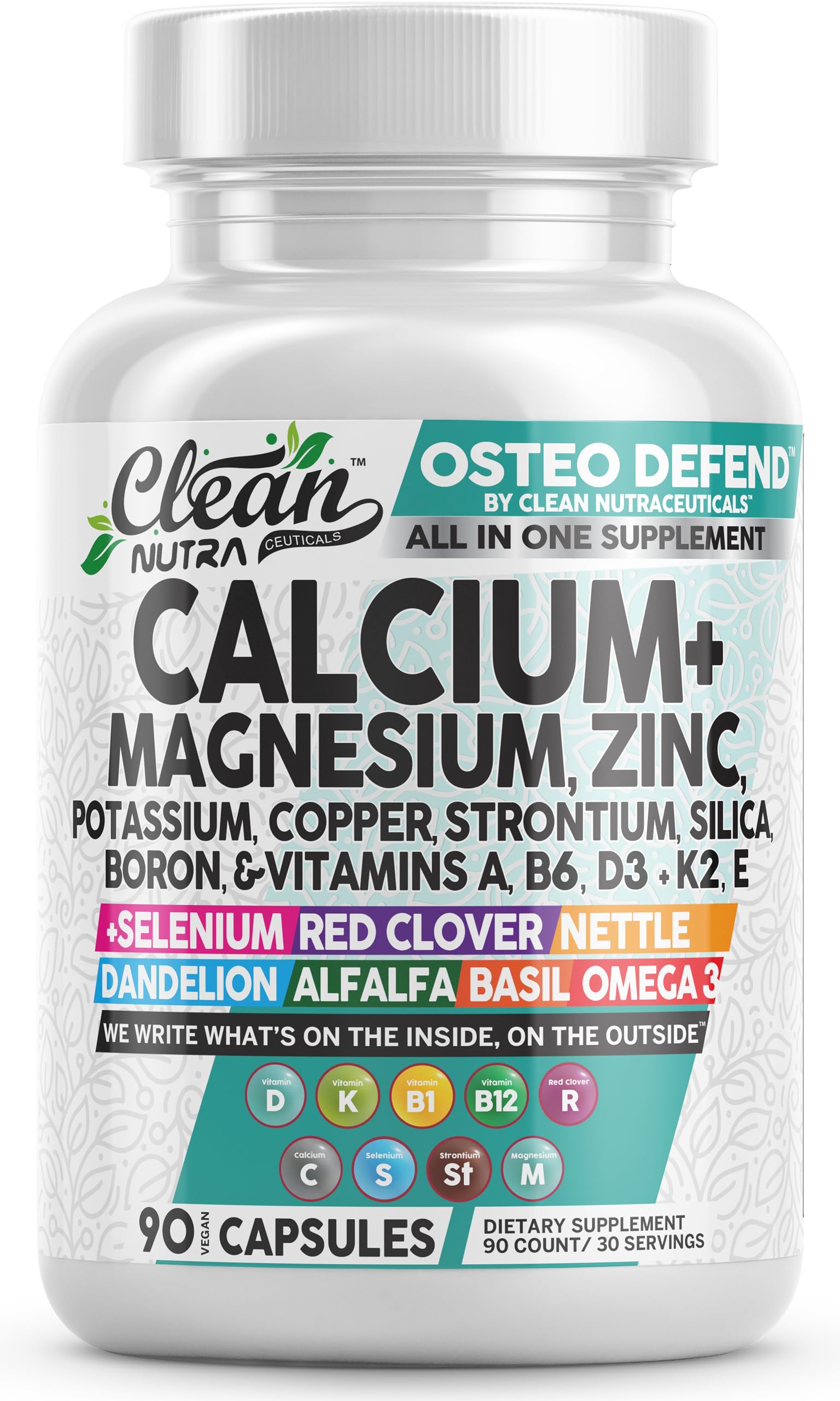 Allin1 Calcium Magnesium Zinc Supplement with Potassium, Copper, Strontium, Silica, Vitamin D3 K2, Boron, Vitamin B1 B12 Red Clover Herb Alfalfa Basil Pills for Men