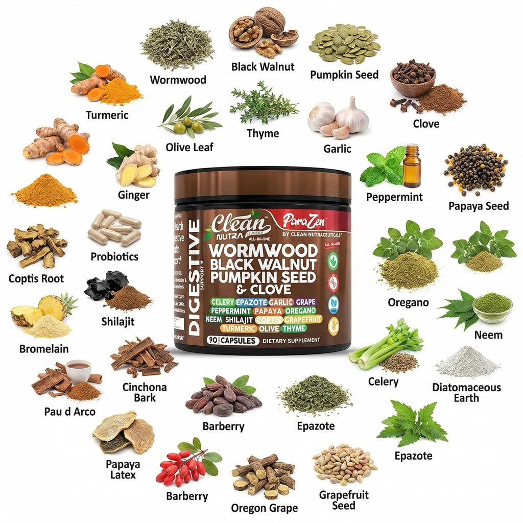 Clean Nutra Wormwood Black Walnut Pumpkin Seed Clove Oil Celery Garlic Grape Papaya Neem Diatomaceous Earth Womens Probiotic Gut Health Cleanse Detox Oregano