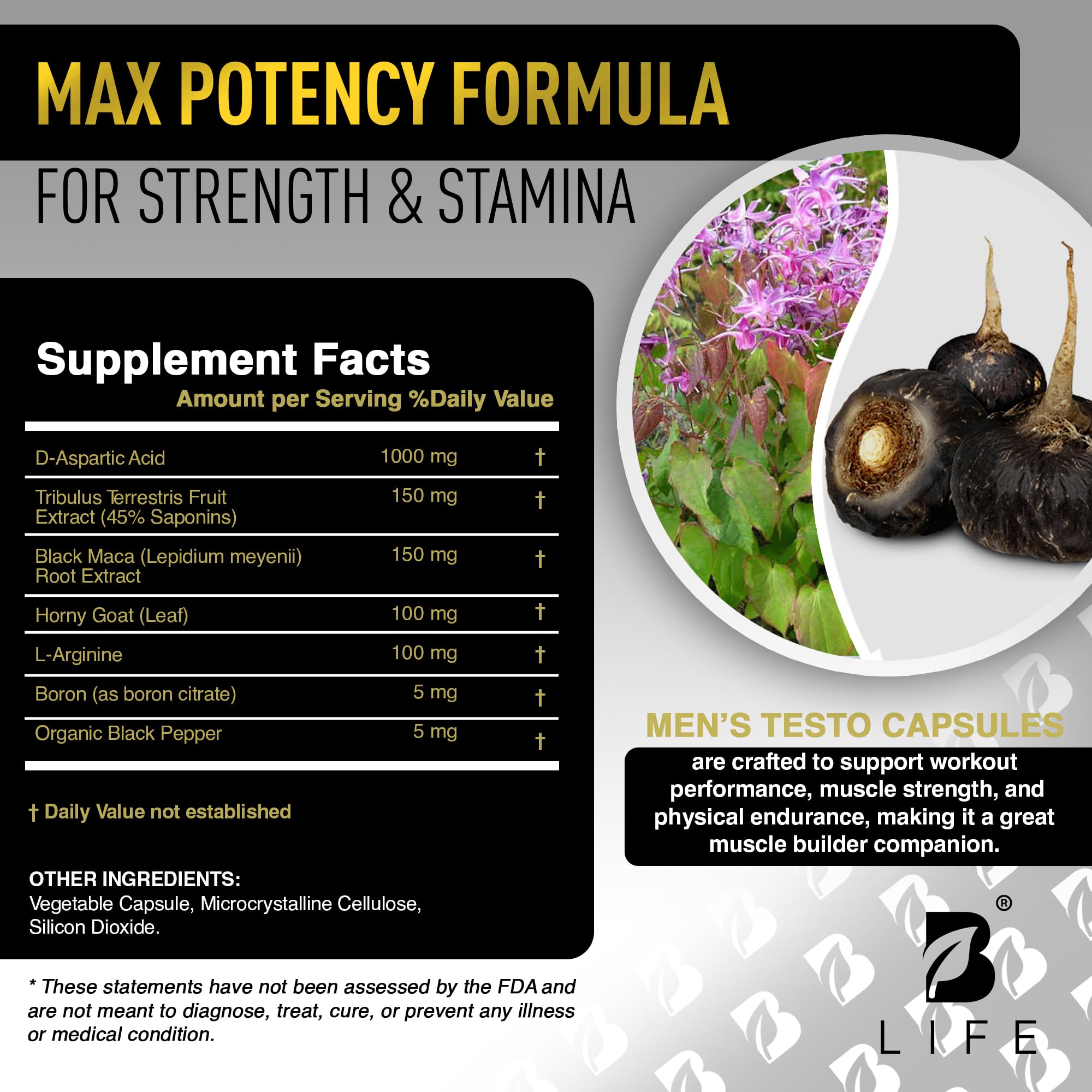 Testosterone Booster Supplement for Men | Boron supplement for men with Tribulus Terrestris, Black Maca, Horny Goat Weed, L-Arginine | Stamina, Endurance, Muscle growth & strength | 80 Servings B Life Company Au supplements
