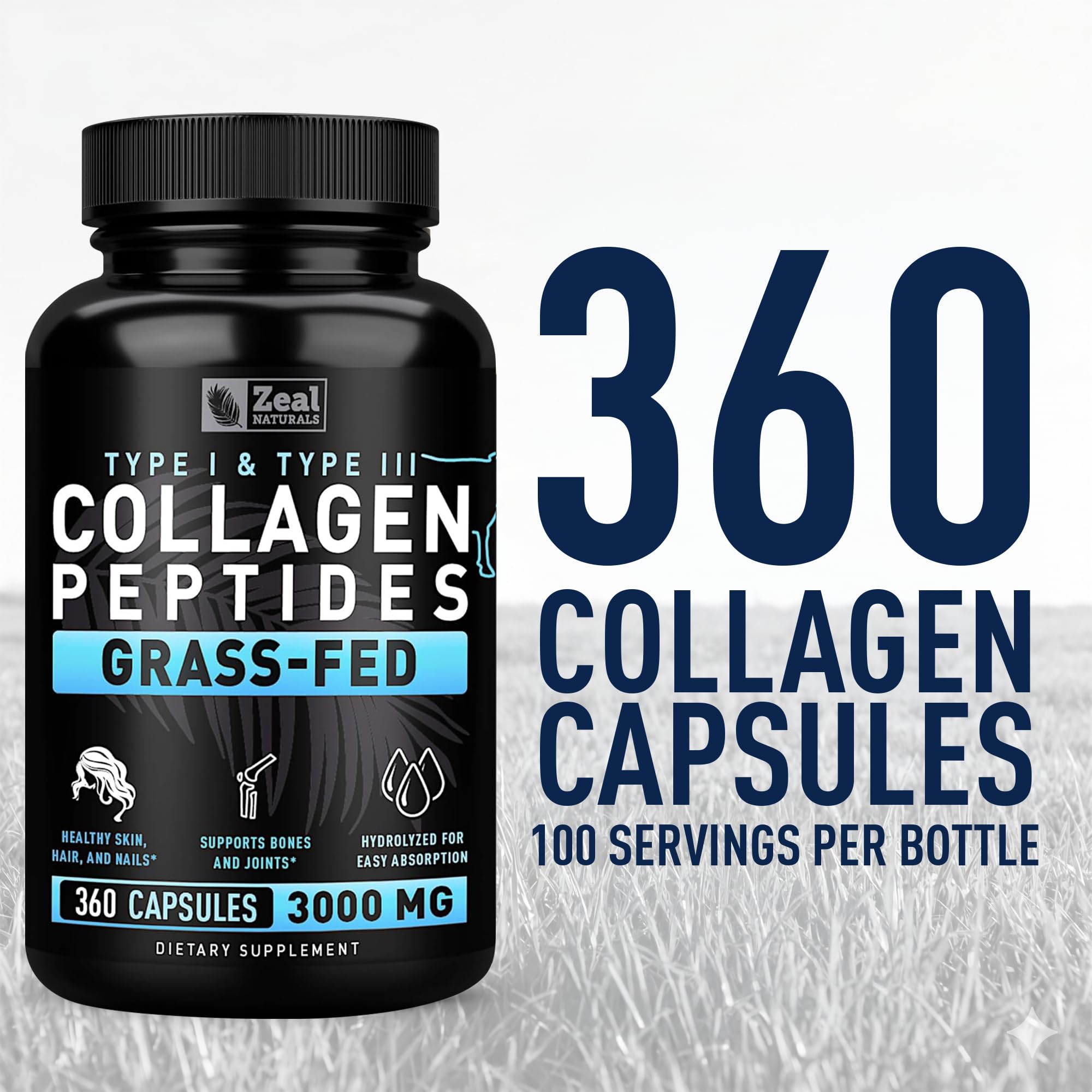 Collagen Peptides Capsules 360 Count - Grass Fed Bovine Hydrolyzed Collagen Pills - Hair, Skin & Nails, Joint Support - Collagen Supplements for Women & Men