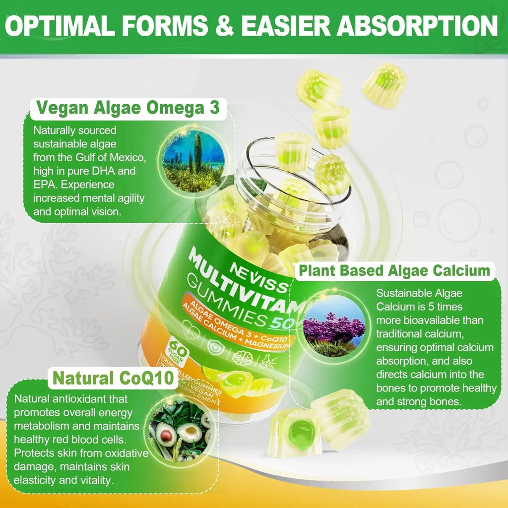 NEVISS 50+ Daily Gummy Multivitamin Algae Omega 3 & Calcium, CoQ10, Magnesium + Vitamin D3 5000IU Gummies 125mcg with Calcium 600mg, K2(MK7) 200mcg NEVISS Au supplements