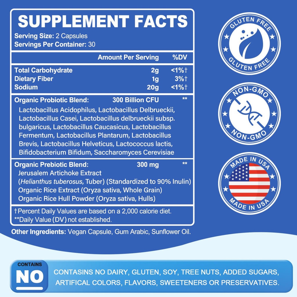 Probiotic 300 Billion CFU - 12 Strains with Organic Prebiotics for Digestive & Gut, Immune, Bloating Health - Probiotics for Women and Men - Daily Dairy Free, Shelf Stable - 60 Counts Linkvibe Au supplements
