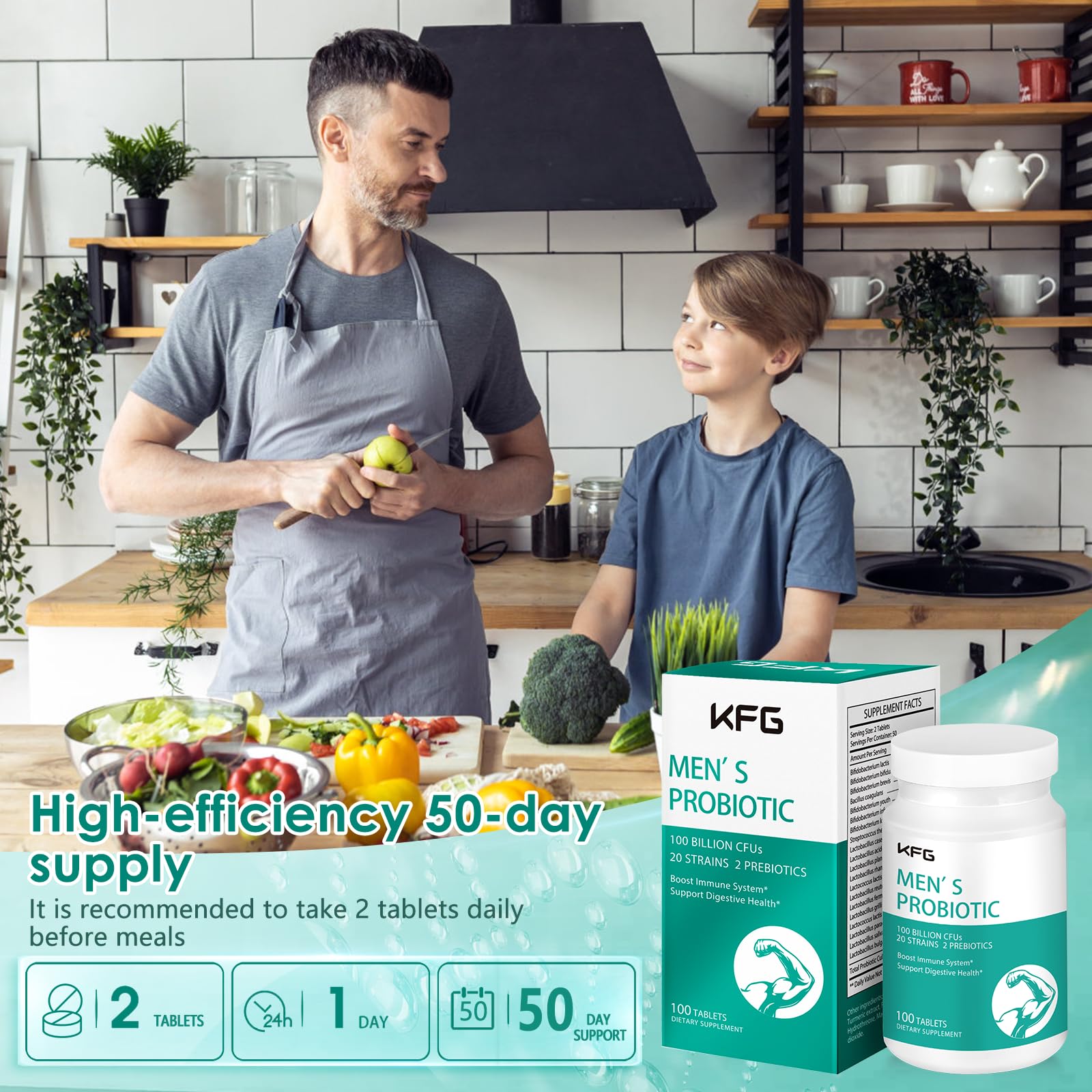 KFG Probiotic Supplement 100 Billion CFU, 20 Strains, 2 Prebiotics and Digestive Enzymes, Supports Digestion, Immune Support, Gut Health and Metabolism, Non-GMO,