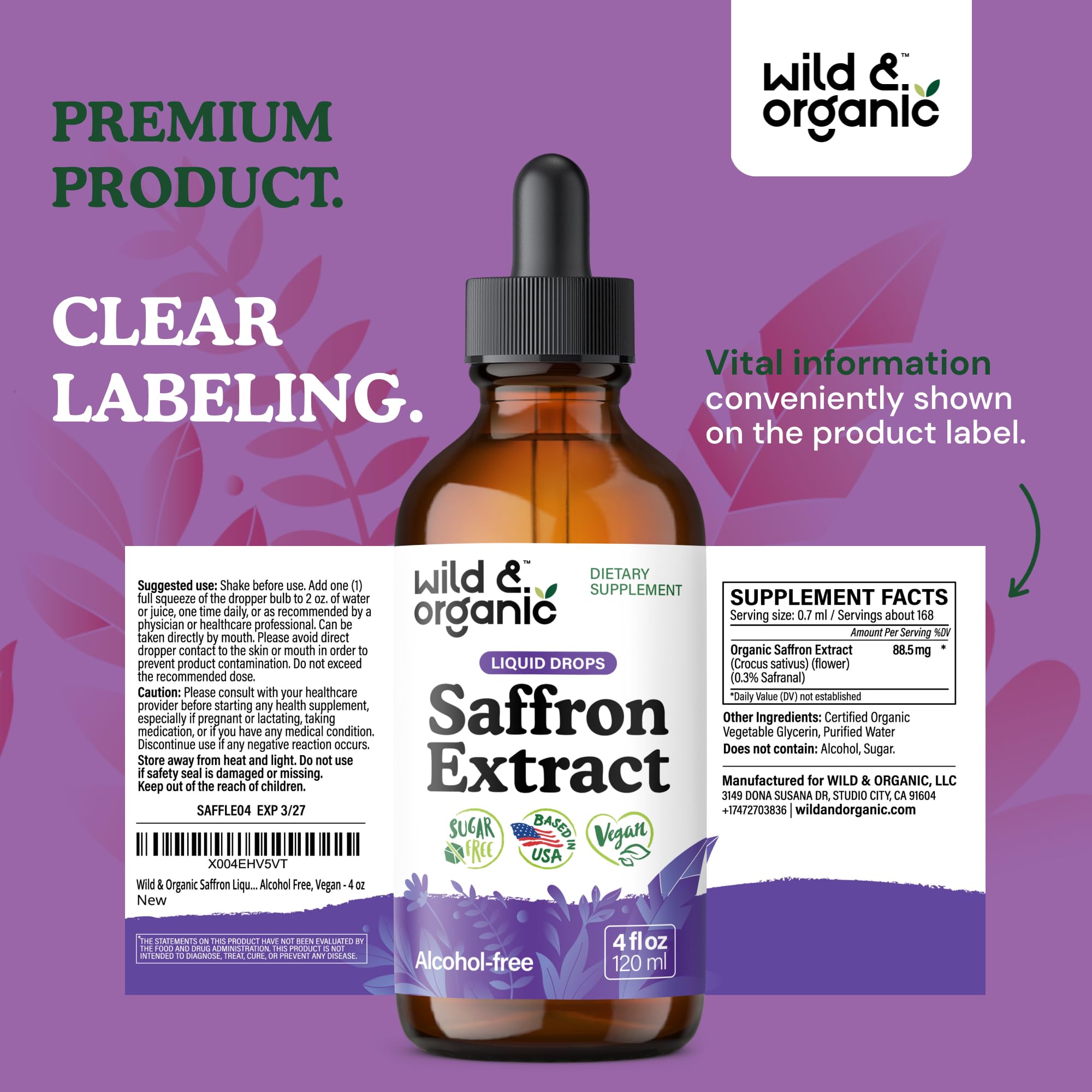 Wild & Organic Saffron Supplements 88.5 mg - Mood, Focus & Eye Support - Saffron Extract Liquid Drops - Add to Tea - 5-Month Supply - Crocus Sativus Herb