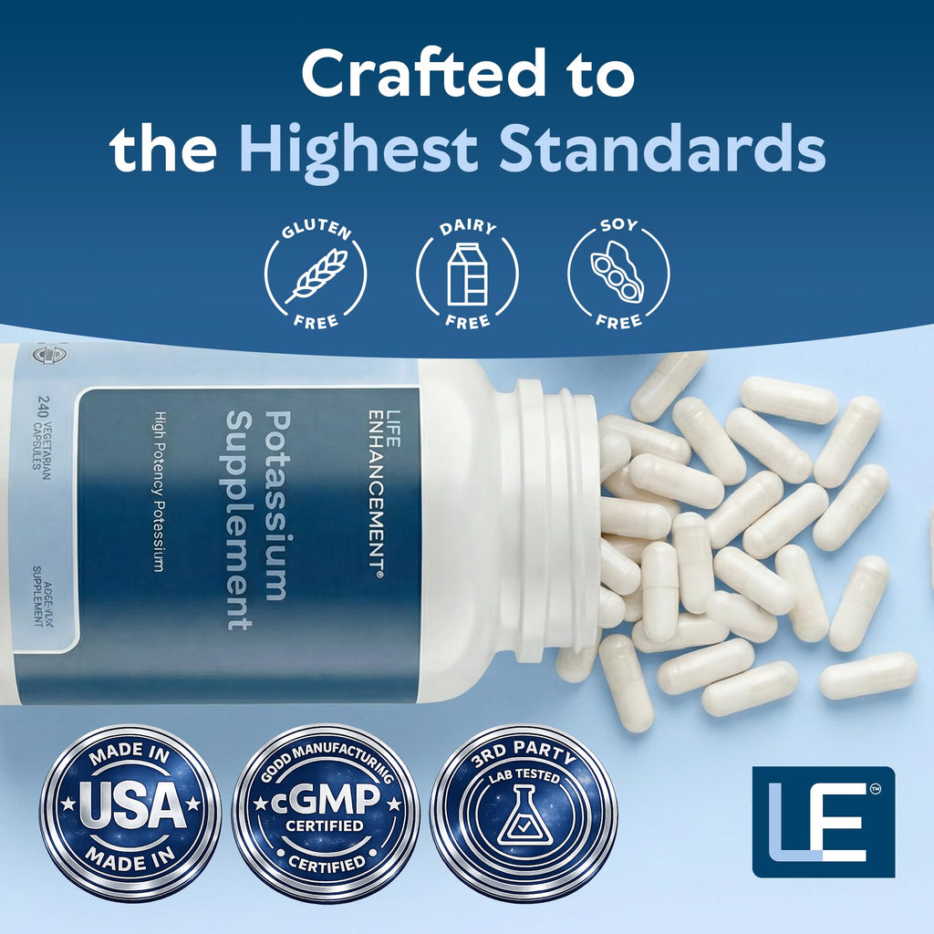 Life Enhancement High Potency 1020 mg Potassium Supplement for Muscle, Brain & Bone Health - No Additives High Absorption Elemental Potassium Supplement