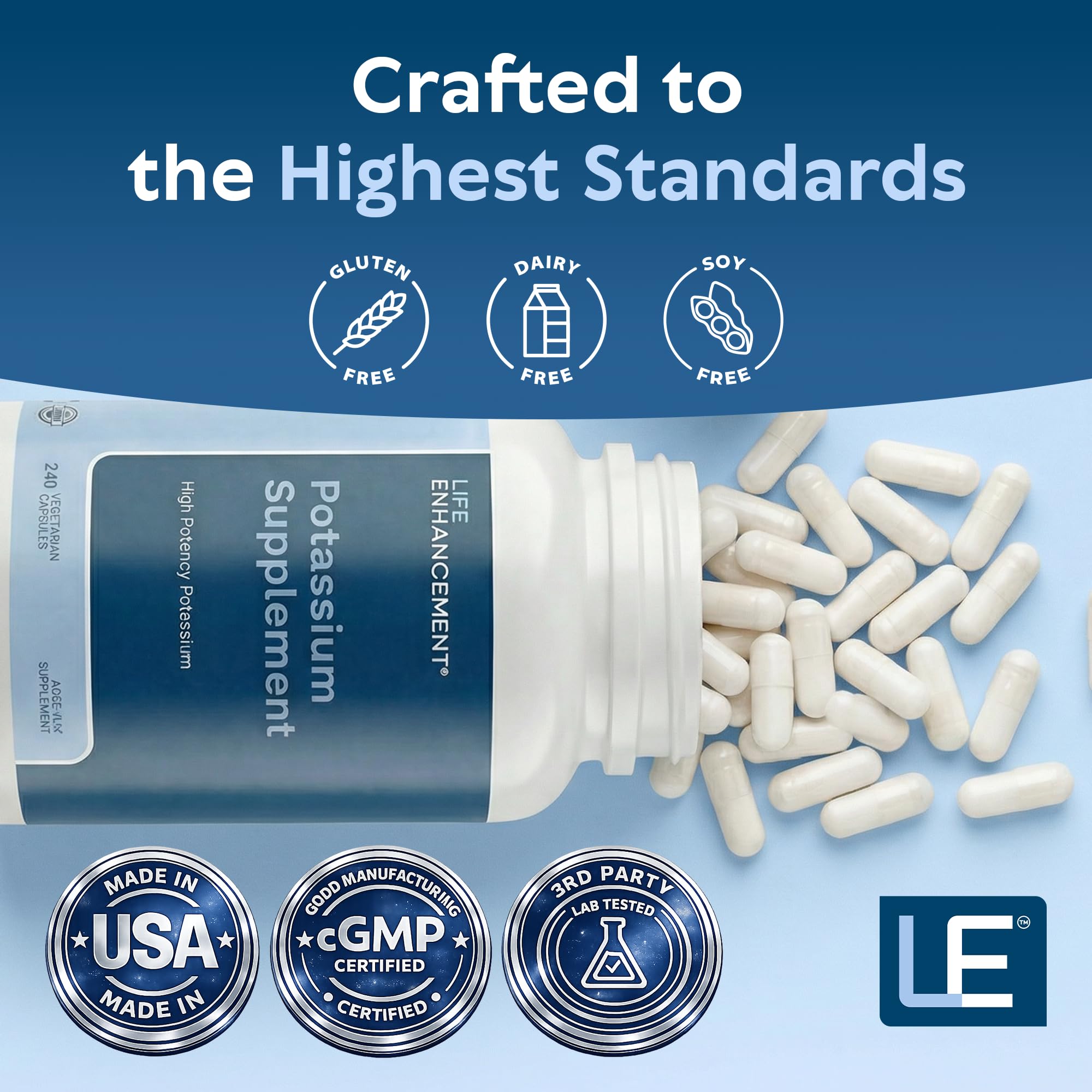 Life Enhancement High Potency 1020 mg Potassium Supplement for Muscle, Brain & Bone Health - No Additives High Absorption Elemental Potassium Supplement