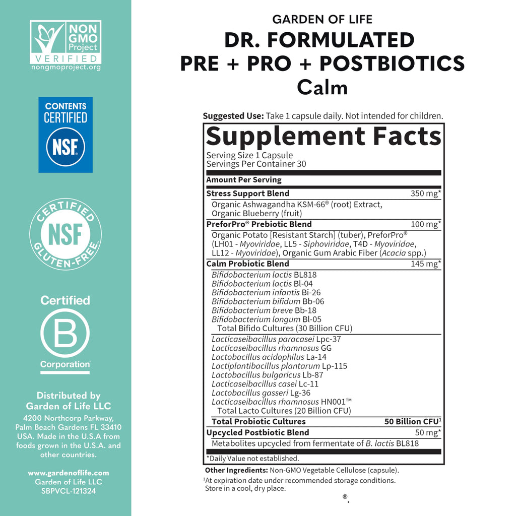 Garden of Life Dr. Formulated Pre, Post & Probiotics Calm 50 Billion CFU Daily 3-in-1 Complete Supplement with Ashwagandha – Mood Support, Digestive & Immune Support, 30 Vegetarian Capsules Garden of Life Au supplements