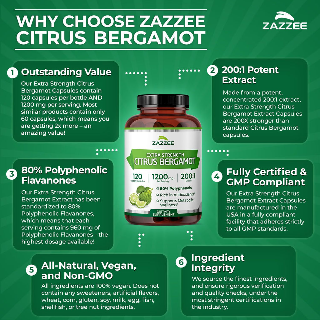 Zazzee Extra Strength Citrus Bergamot 200:1 Extract 1200 mg, 80% Polyphenols, 120 Vegan Capsules, Standardized 200X Potency