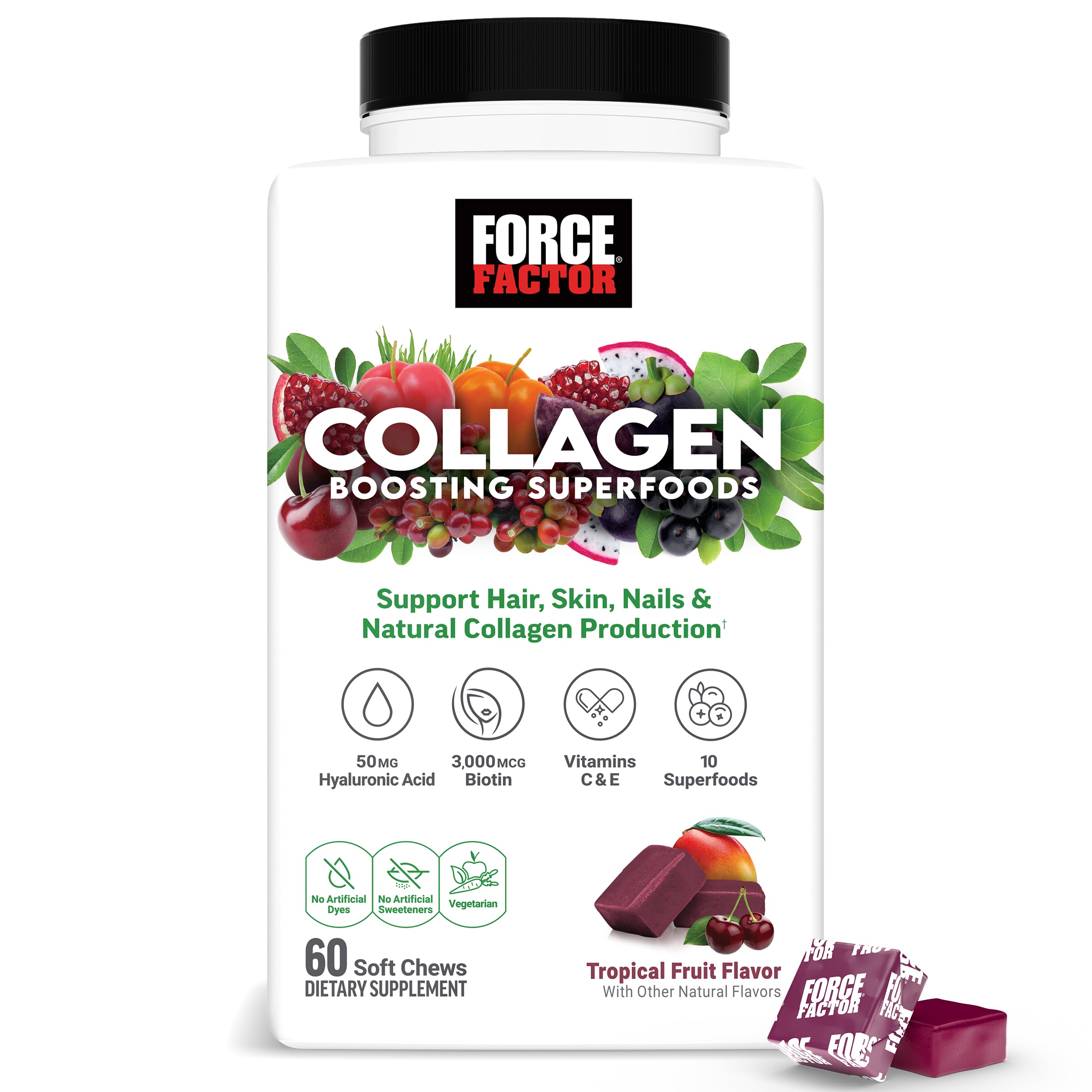 Force Factor Collagen Boosting Superfoods, Vegan Collagen Booster for Women, with Biotin, Hyaluronic Acid, and Vitamin C, for Hair, Skin, Nails, & Joint Support