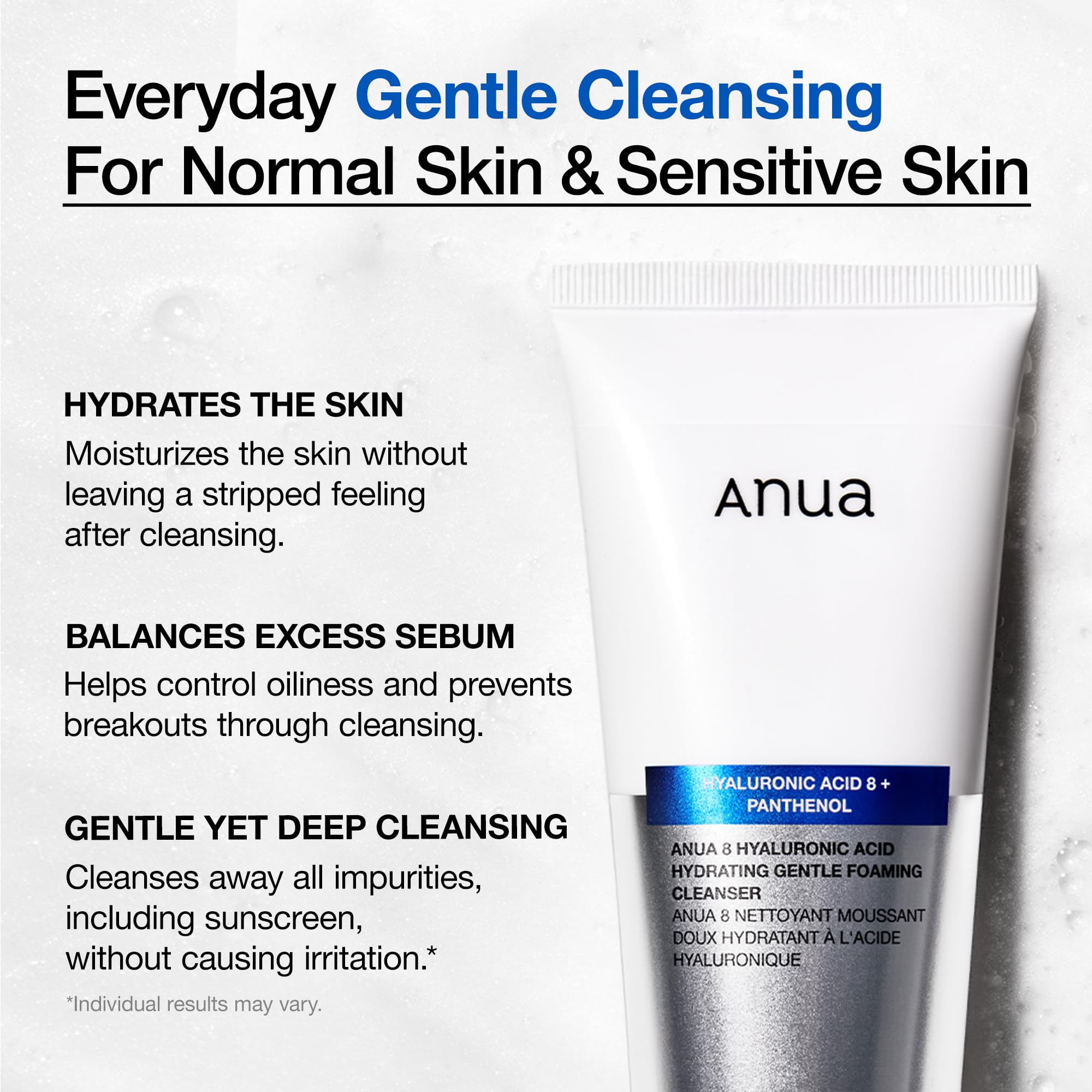 Anua Hydrating Gentle Foaming Cleanser, Hyaluronic Acid, Glycerin, Zinc, Panthenol, Korean Face Wash for Dry Skin