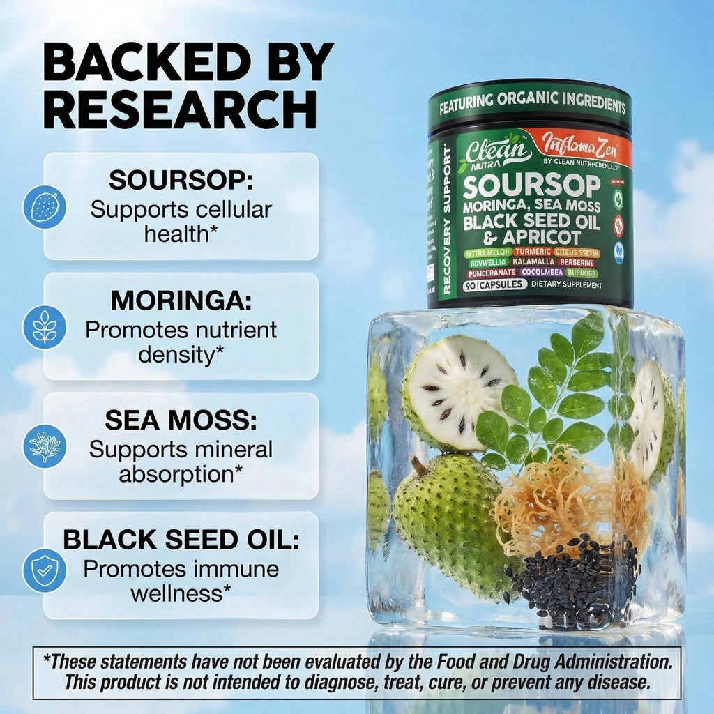 Clean Nutra Soursop Supplement Moringa Sea Moss Black Seed Oil Berberine Turmeric Resveratrol Quercetin Greens Bitters Boswellia Bitter