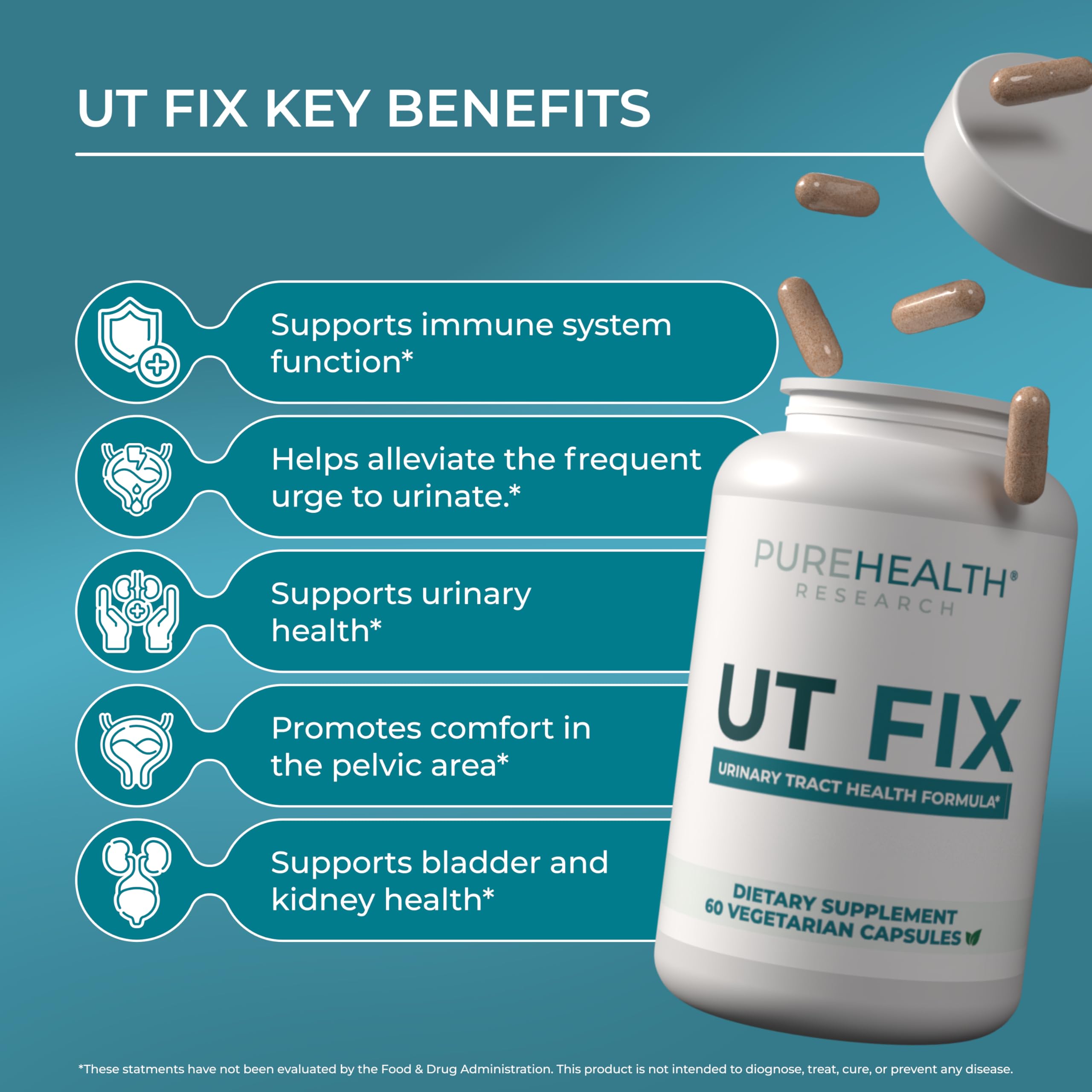 PUREHEALTH RESEARCH UT Fix - Urinary Tract Health Formula - Urinary Tract Support for Women & Men - Cranberry Supplement with D Mannose 1000mg, Vitamin D3 & Bee Propolis - 60 Capsules PUREHEALTH RESEARCH Au supplements