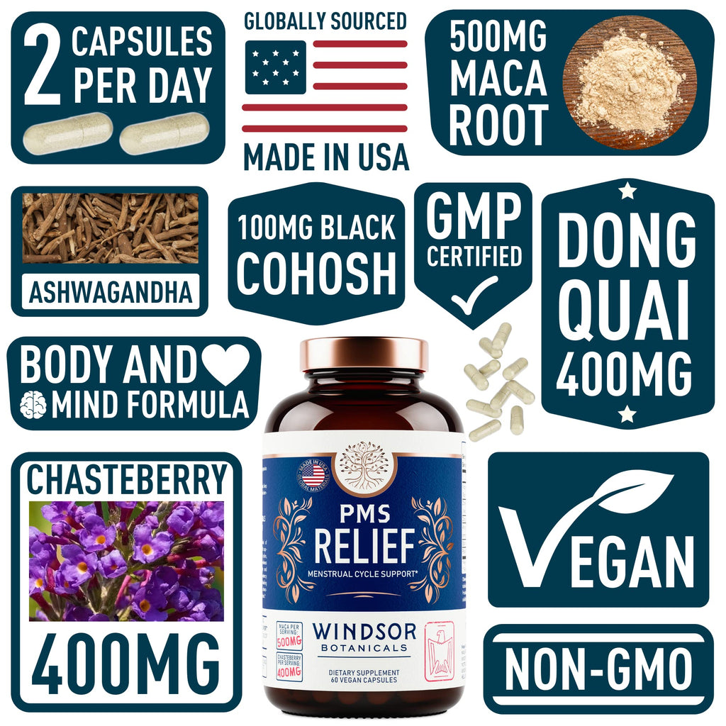 PMS Support Supplement for Women with Chasteberry, Maca Root, Ashwagandha - Period Relief, Bloating Relief for Women, Mood Support, Hormone Balance Herbal Supplements - 30 Day, 60 Vegan Capsules WINDSOR BOTANICALS Au supplements