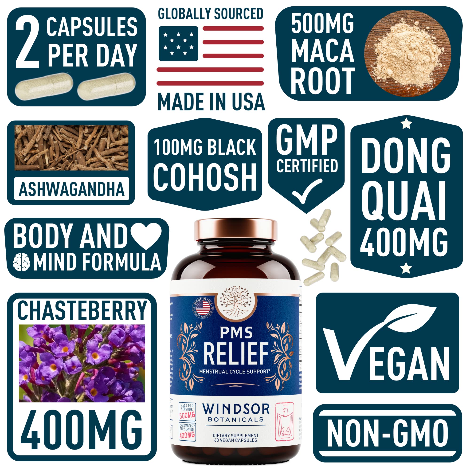 PMS Support Supplement for Women with Chasteberry, Maca Root, Ashwagandha - Period Relief, Bloating Relief for Women, Mood Support, Hormone Balance Herbal Supplements - 30 Day, 60 Vegan Capsules WINDSOR BOTANICALS Au supplements
