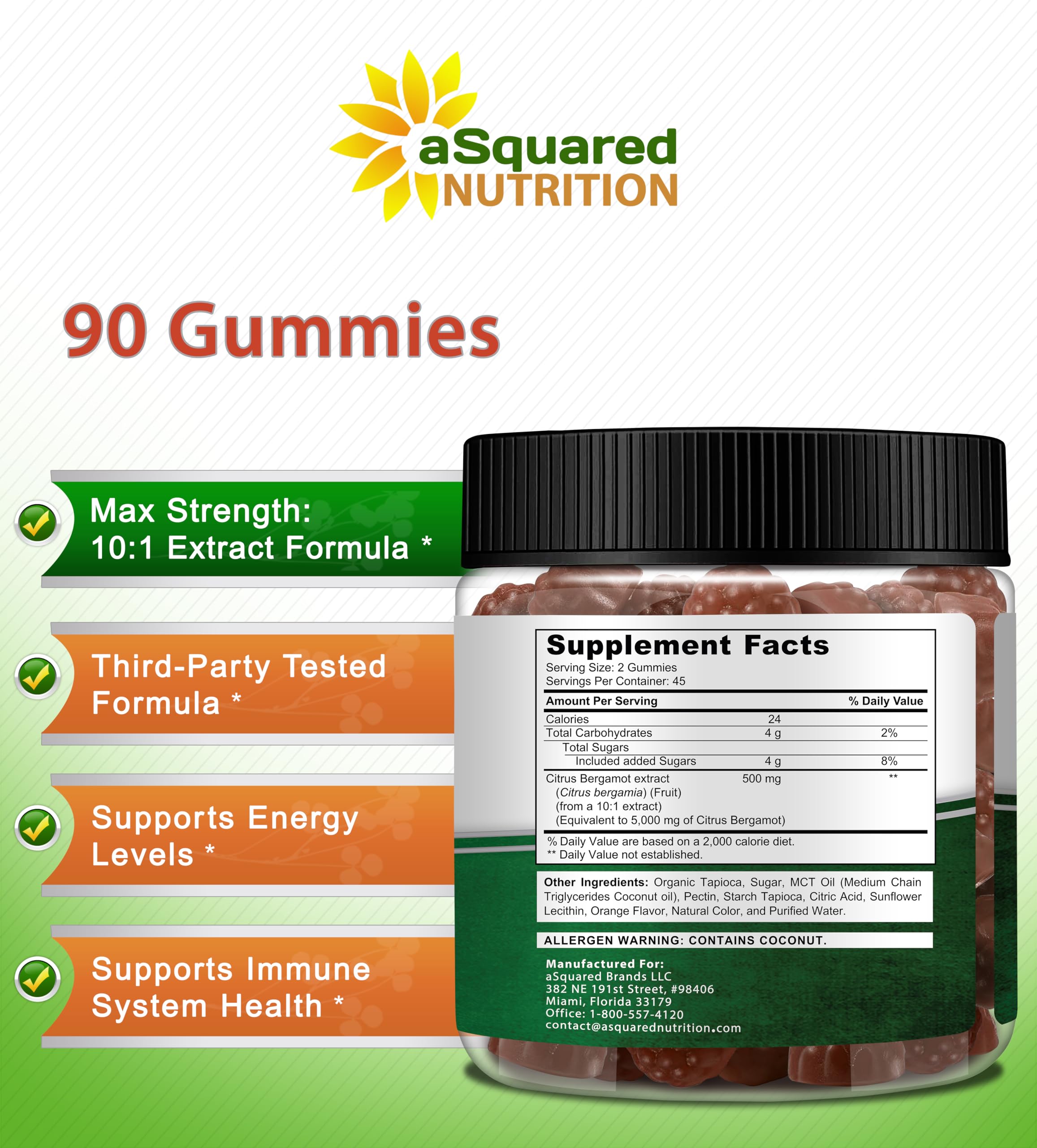 aSquared Nutrition Citrus Bergamot Gummies - Citrus Bergamot Extract Supplement 500mg Per Serving - Pure Gummy Alternative to Capsules & Pills