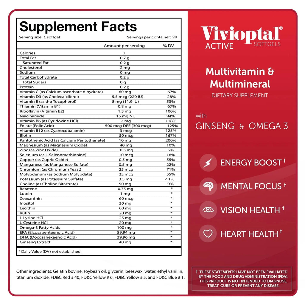 Vivioptal Active, 90 Softgels (1 Year Supply), Ginseng & Omega 3, Multivitamin & Multimineral, Gluten Free, German Formula Vivioptal Vitamins Au supplements