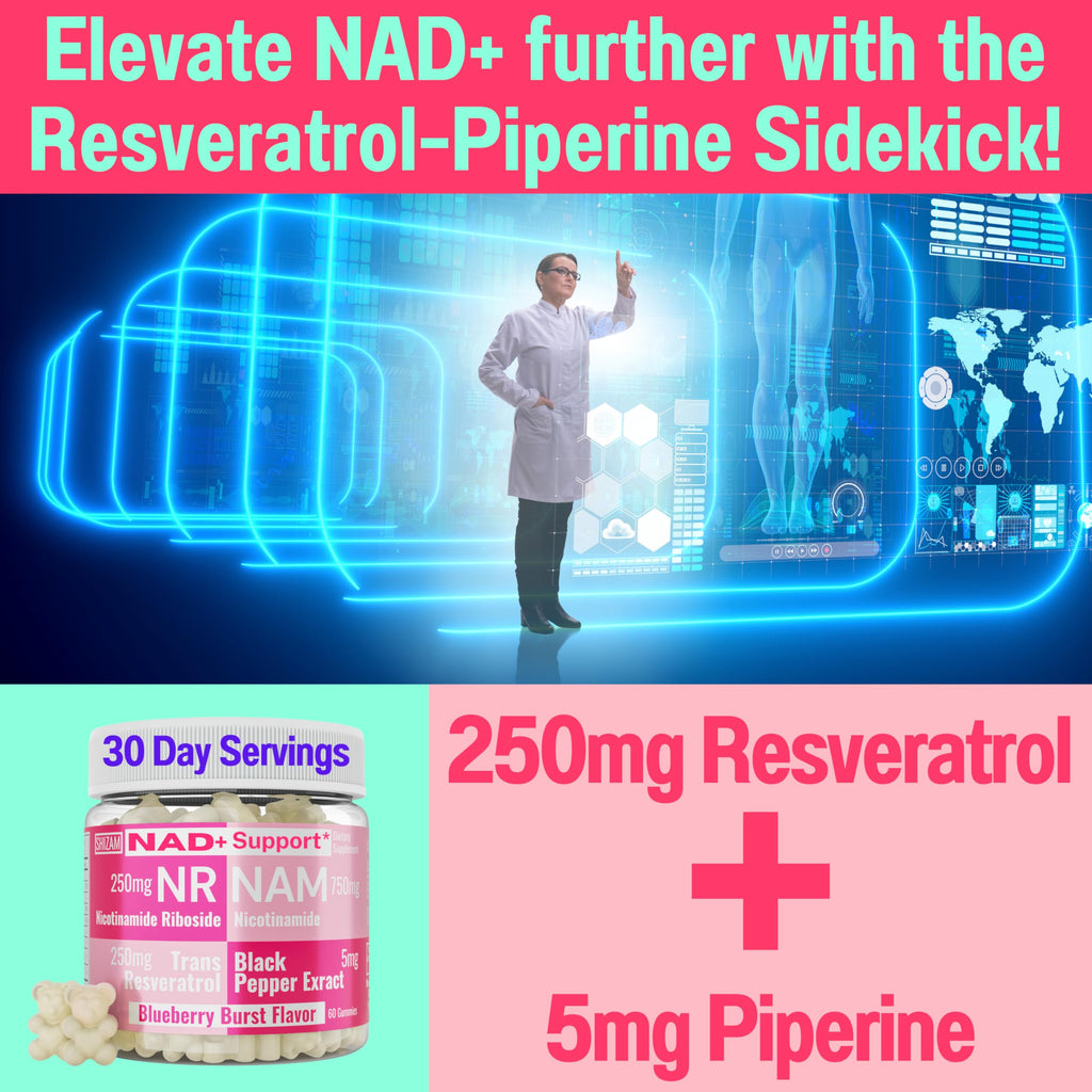 SHIZAM Nicotinamide Riboside NR NAM Resveratrol Gummies, 1000mg NAD+ NAD + Plus Nrf2 Activator Booster w Pure Niacinamide Vitamins B3 Capsules Pills Powder Supplements Alt NDA Regenerator 500mg SHIZAM Au supplements