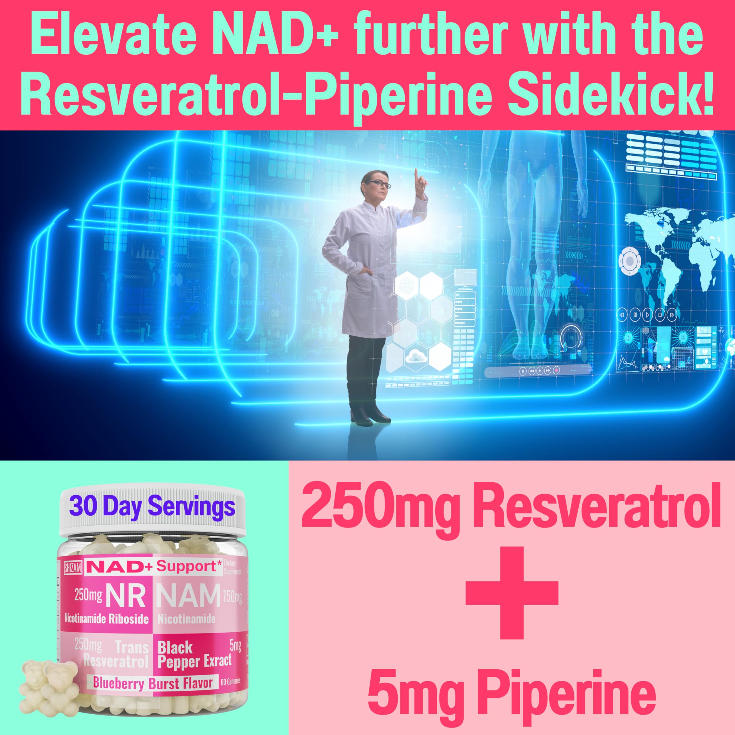 SHIZAM Nicotinamide Riboside NR NAM Resveratrol Gummies, 1000mg NAD+ NAD + Plus Nrf2 Activator Booster w Pure Niacinamide Vitamins B3 Capsules Pills Powder Supplements Alt NDA Regenerator 500mg SHIZAM Au supplements
