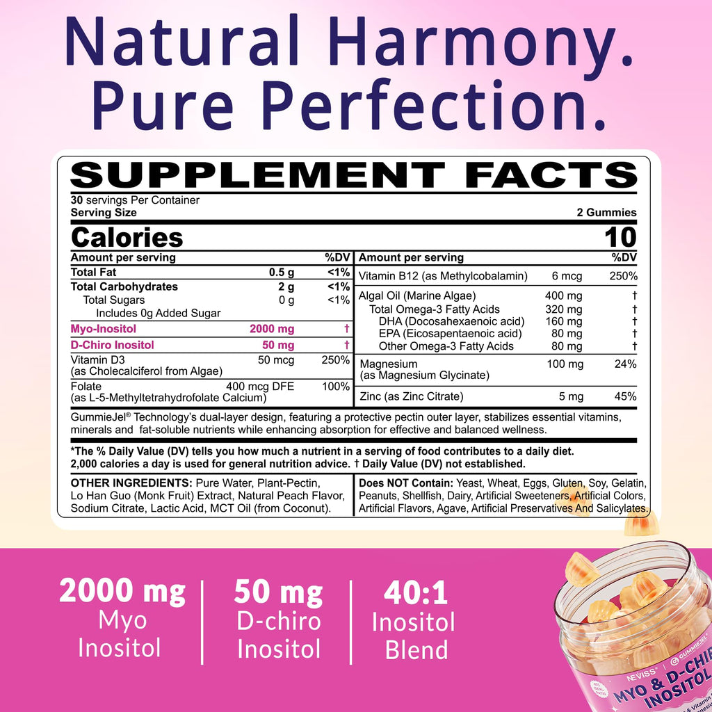 Myo-Inositol & D-Chiro Inositol, Hormone Balance for Women | Sugar Free Inositol Gummies w/Omega 3, MTHF Folate, Vitamin D3, B12, Magnesium & Zinc for Ovarian Health, Ideal 40:1 Ratio, Vegan, 60 Cts NEVISS Au supplements