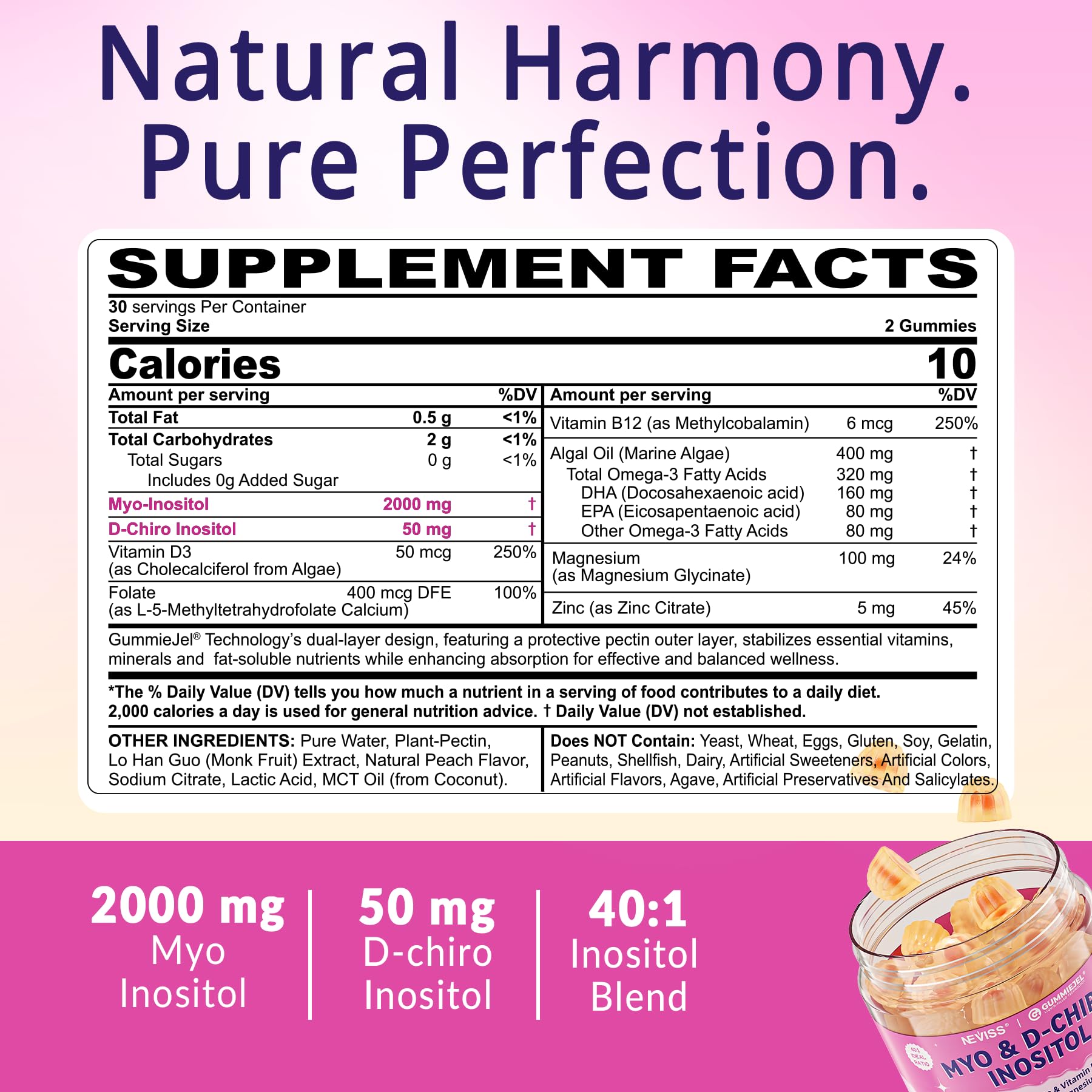 Myo-Inositol & D-Chiro Inositol, Hormone Balance for Women | Sugar Free Inositol Gummies w/Omega 3, MTHF Folate, Vitamin D3, B12, Magnesium & Zinc for Ovarian Health, Ideal 40:1 Ratio, Vegan, 60 Cts NEVISS Au supplements