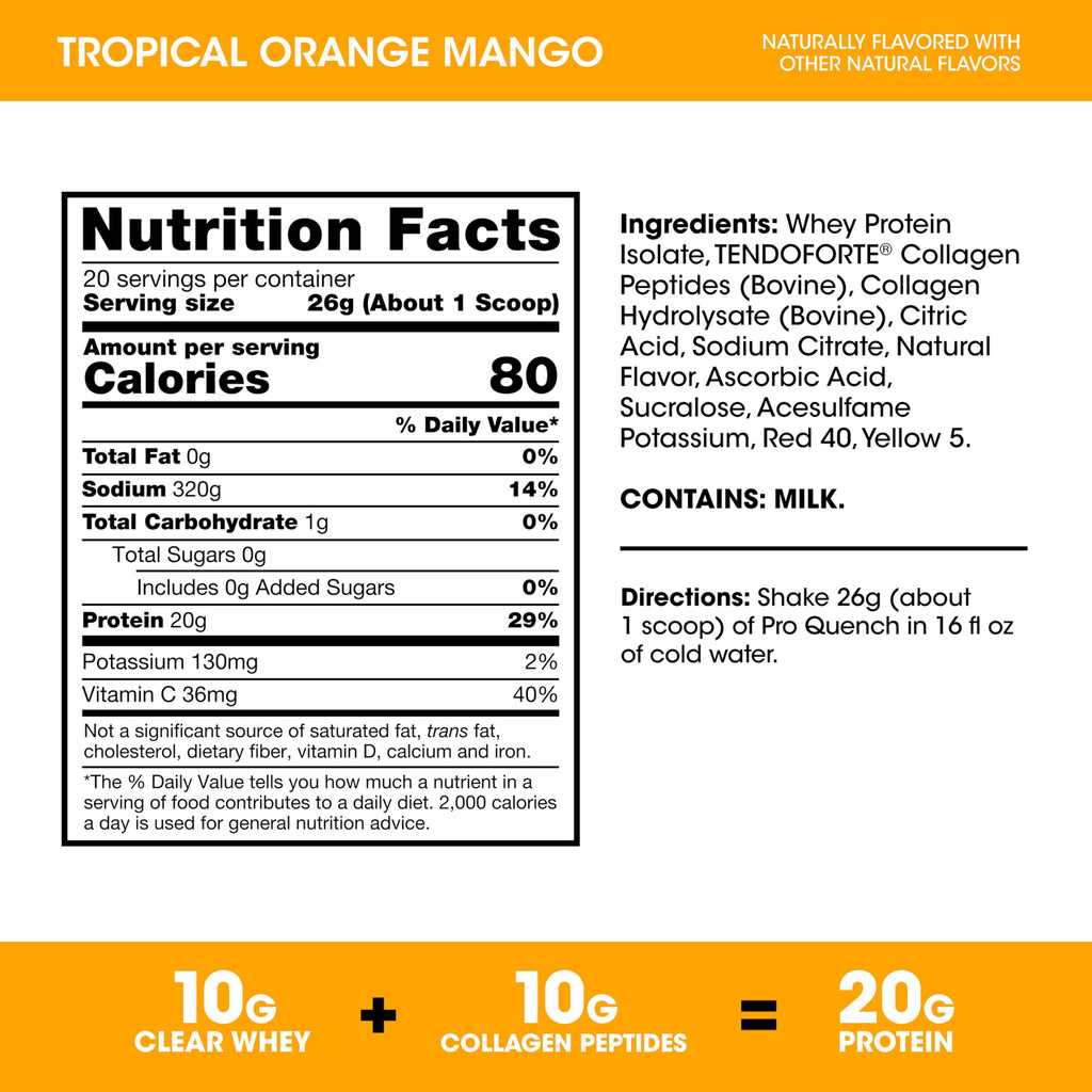 Optimum Nutrition Pro Quench, 10g Clear Protein, 10g Collagen peptides & Electrolyte Powder Drink Mix, Tropical Orange Mango, 20 Servings,