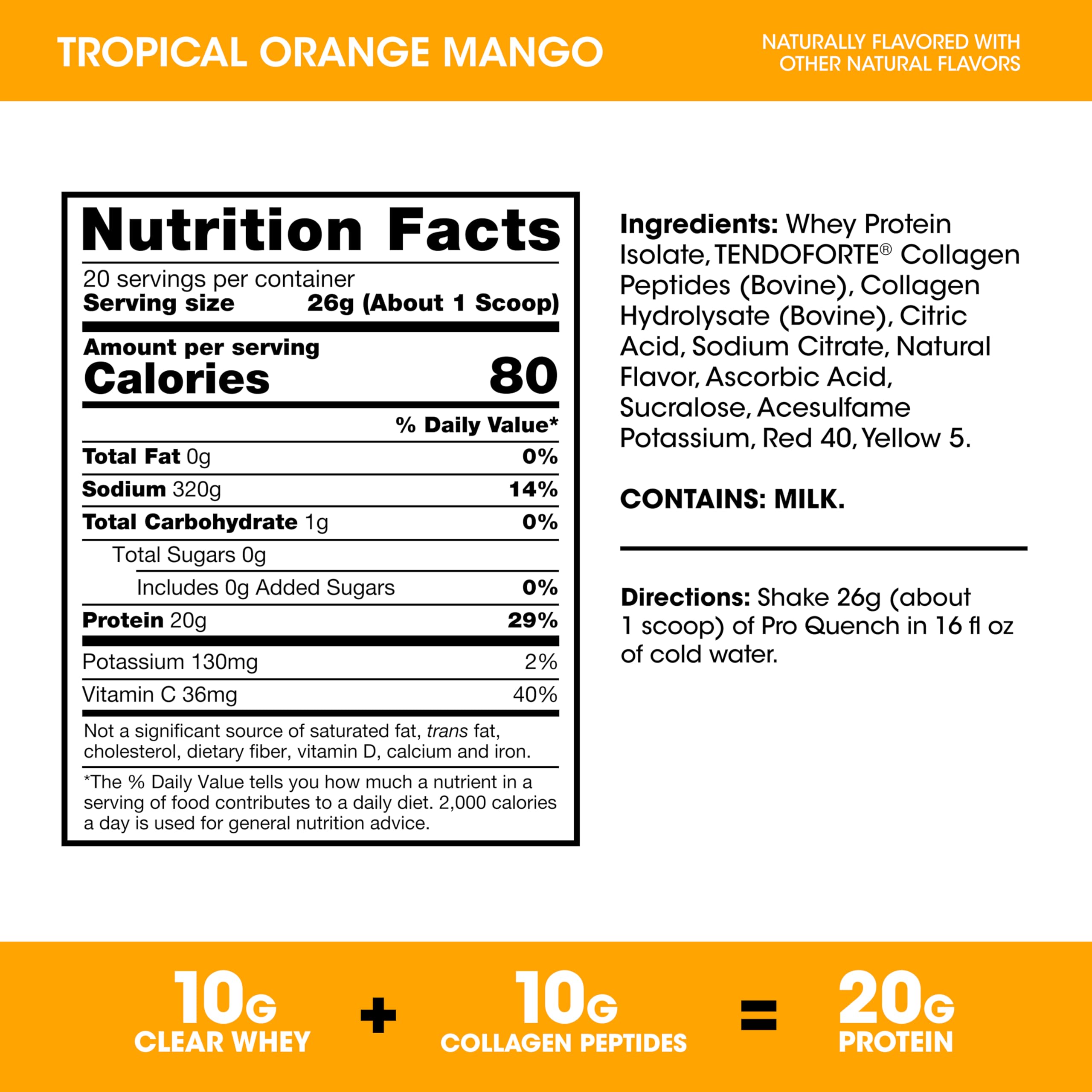 Optimum Nutrition Pro Quench, 10g Clear Protein, 10g Collagen peptides & Electrolyte Powder Drink Mix, Tropical Orange Mango, 20 Servings,